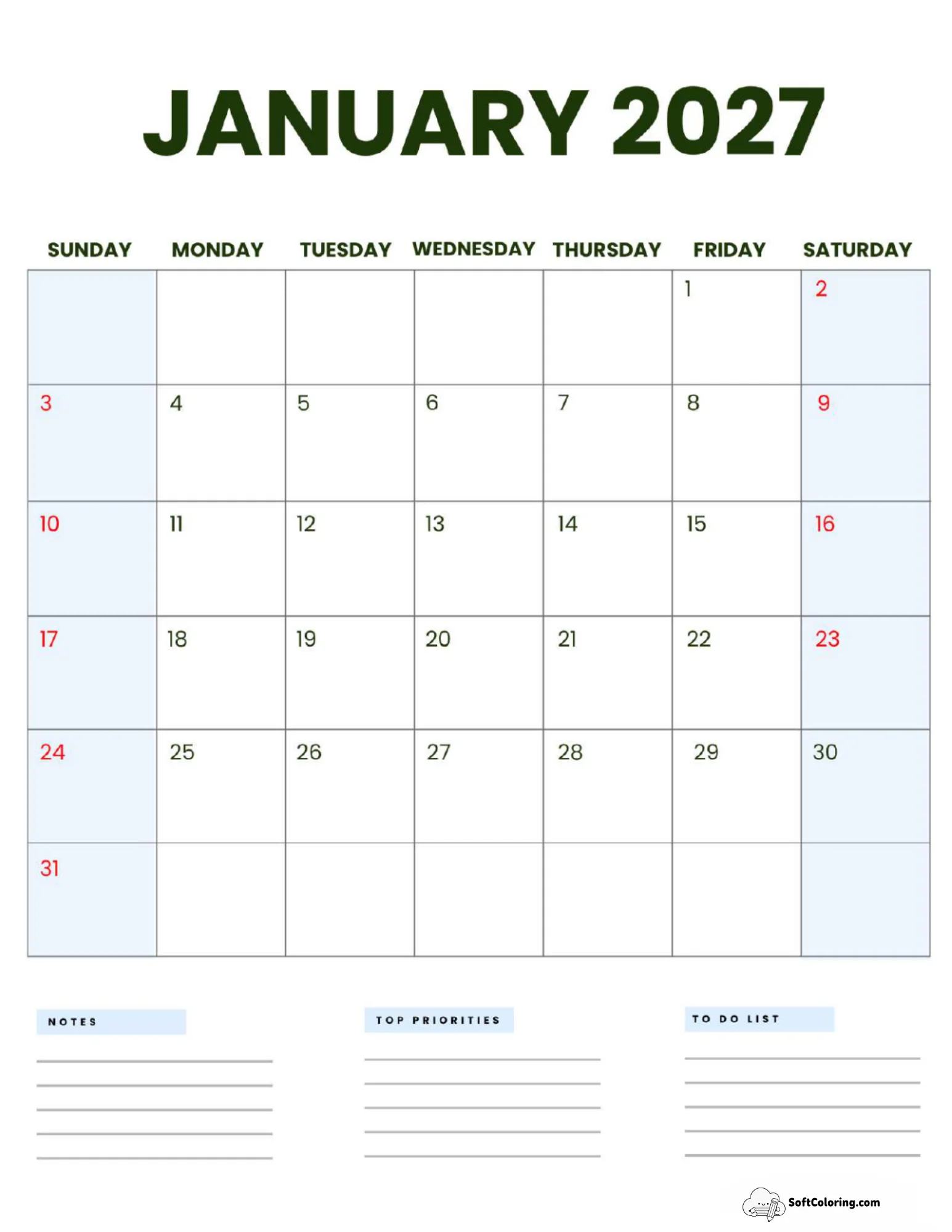 January 2027 Calendar Printable Business3 Portrait