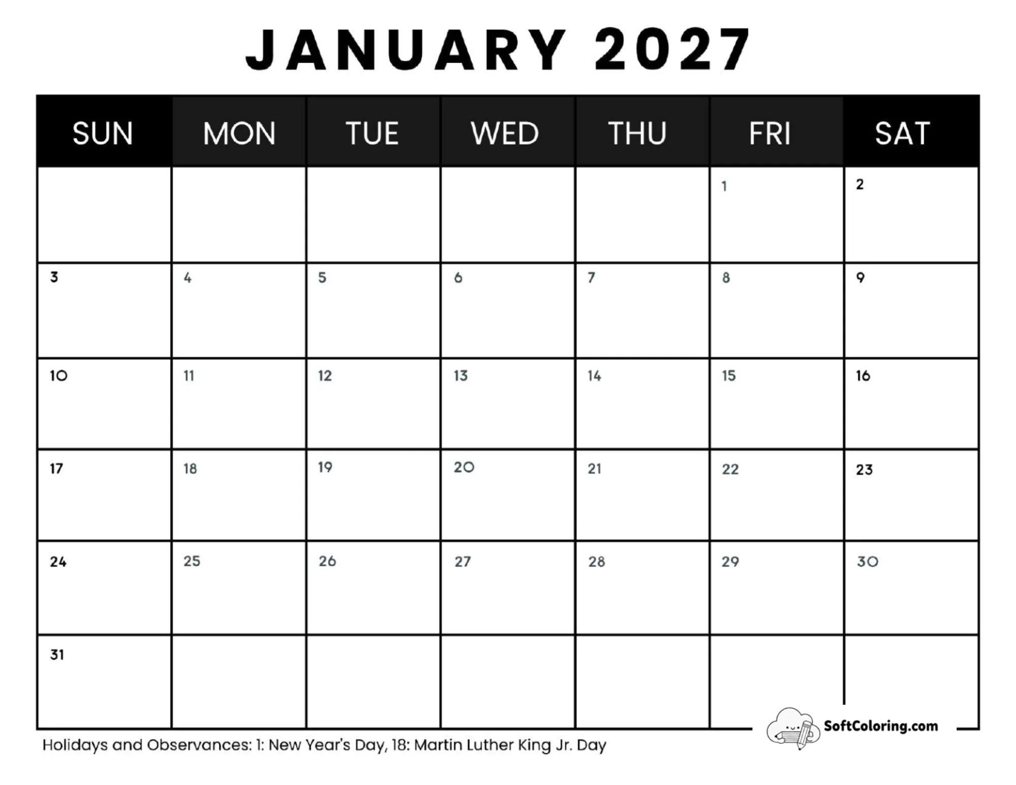 January 2027 Calendar Printable Green Landscape