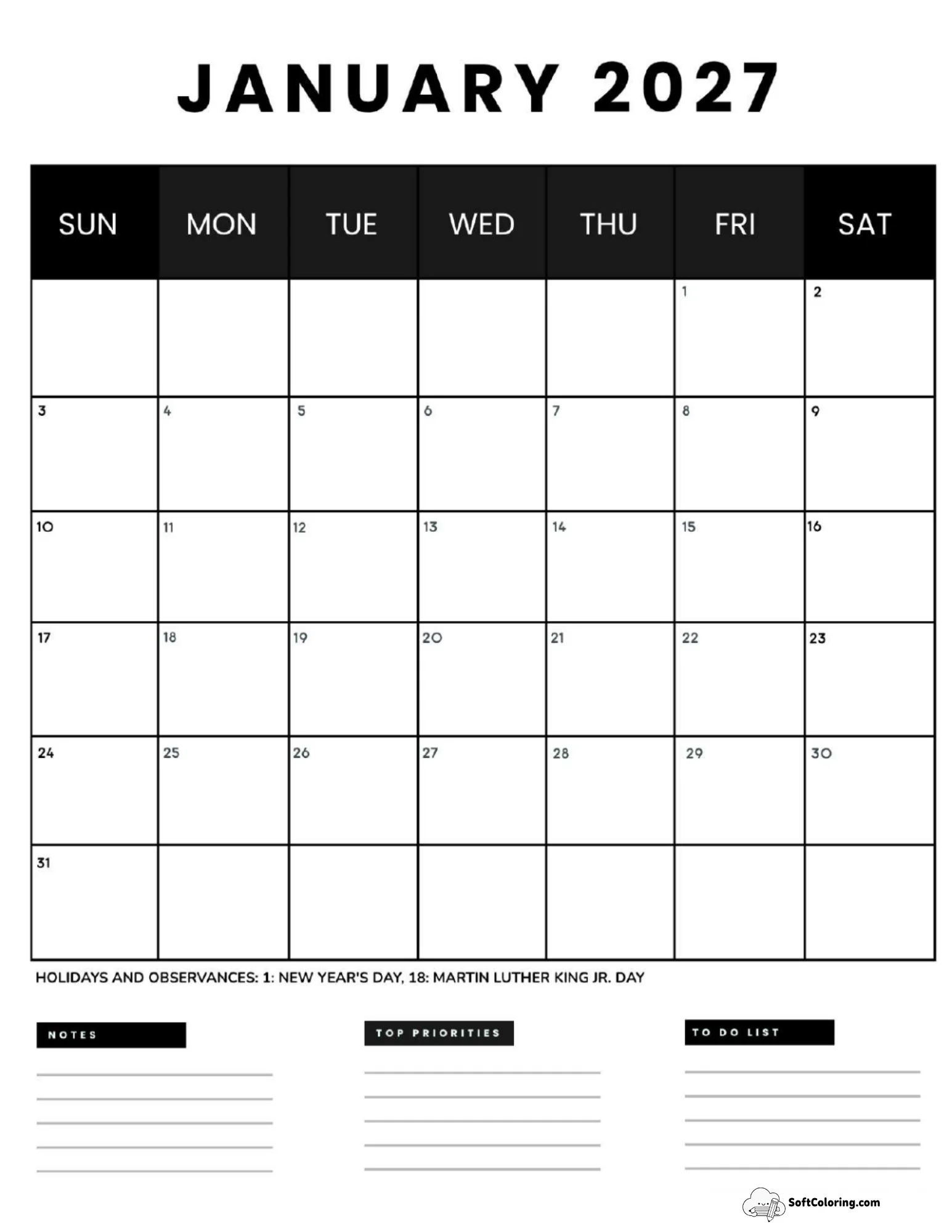 January 2027 Calendar Printable Business4 Portrait