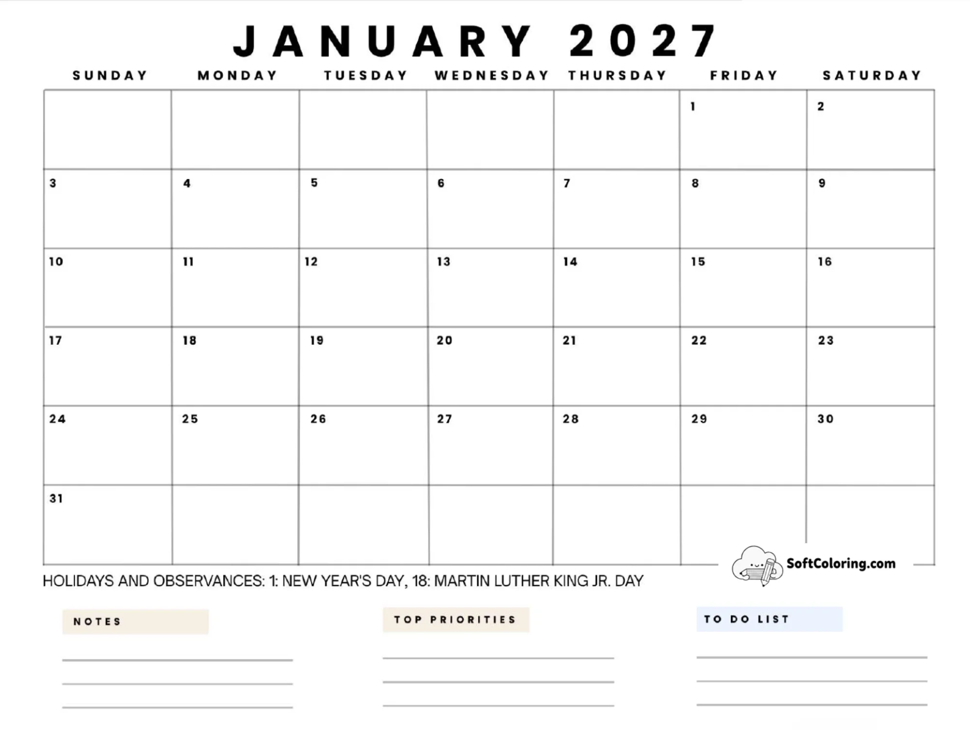 January 2027 Calendar Printable Watercolor Landscape