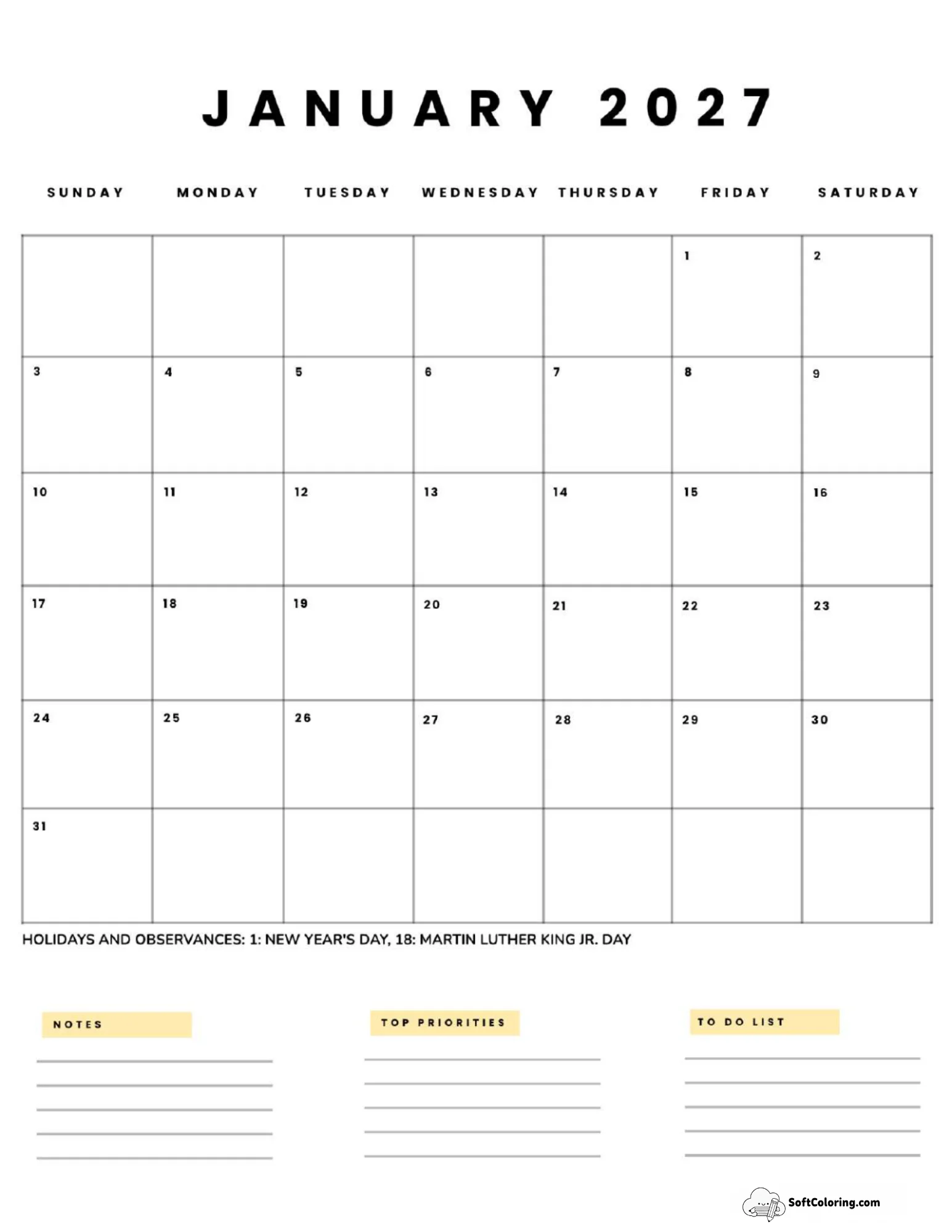 January 2027 Calendar Printable Business5 Portrait