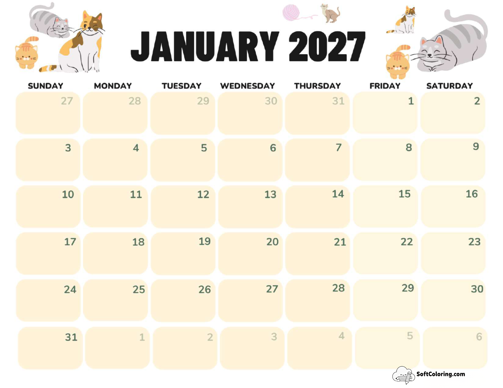 January 2027 Calendar Printable Cats Landscape