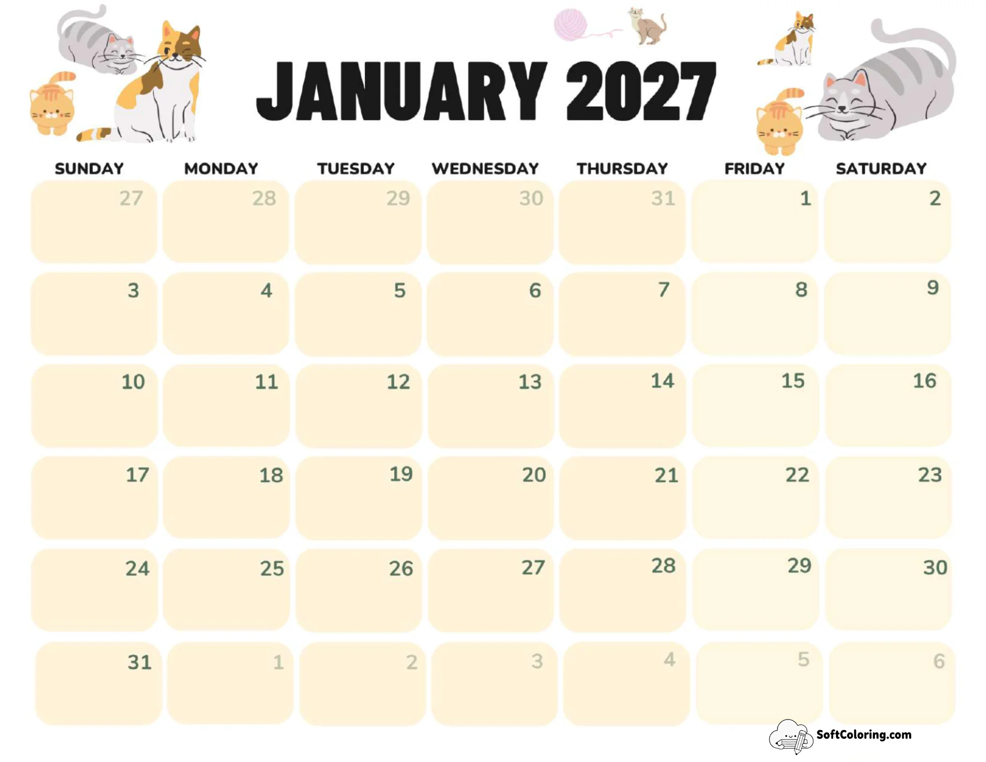 January 2027 Calendar Printable Cats Landscape