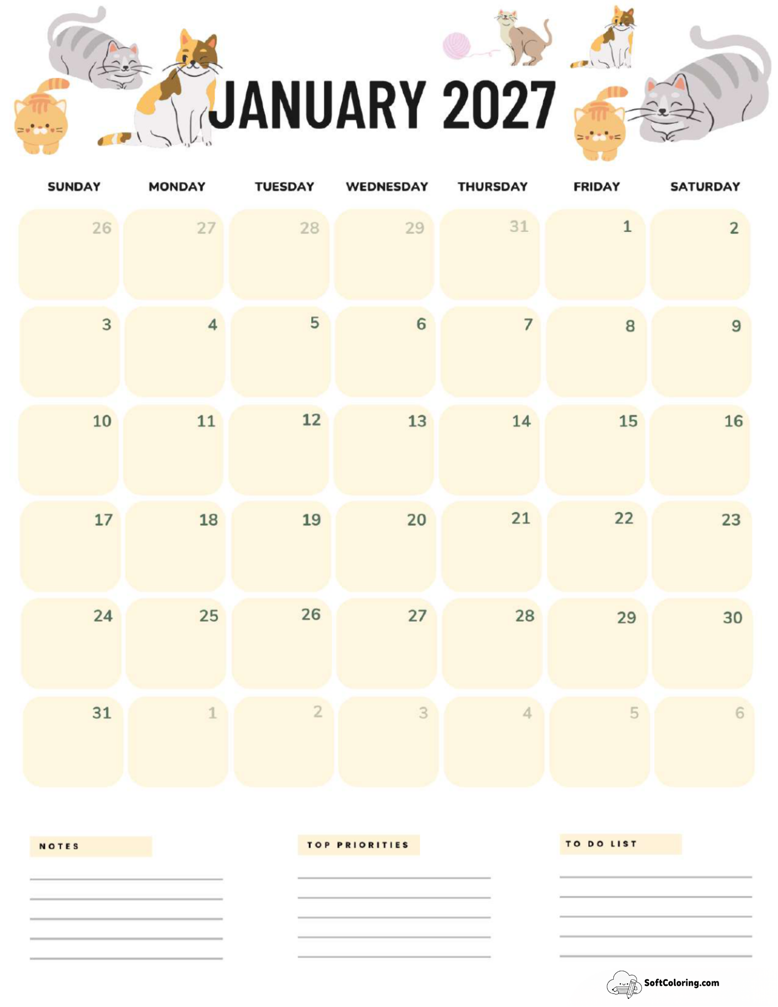 January 2027 Calendar Printable Cats Portrait