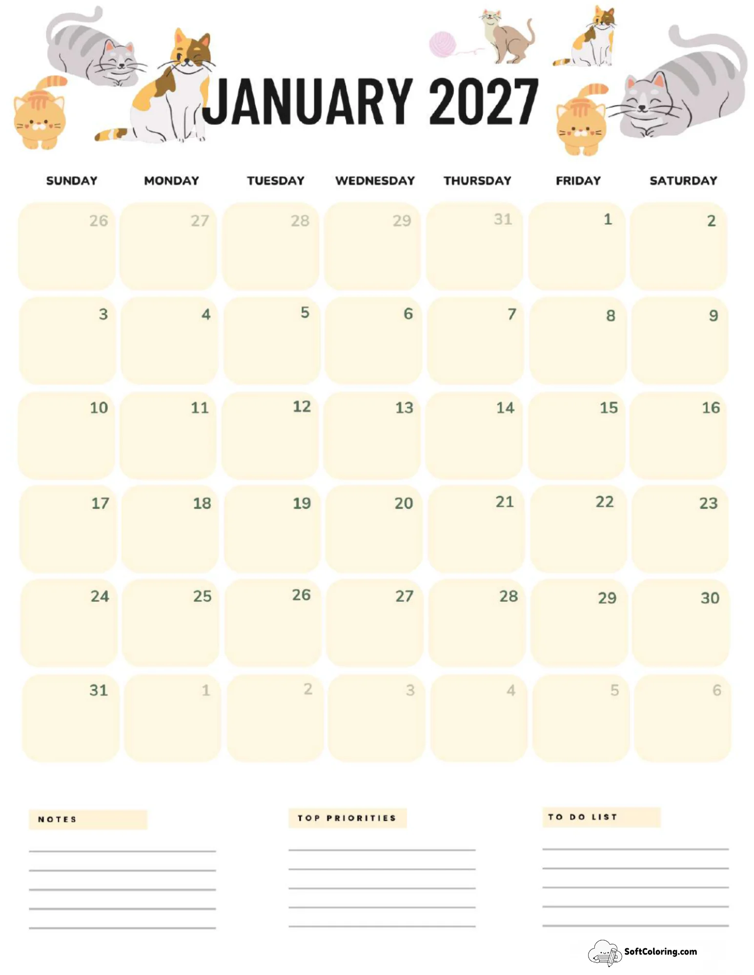 January 2027 Calendar Printable Cats Portrait