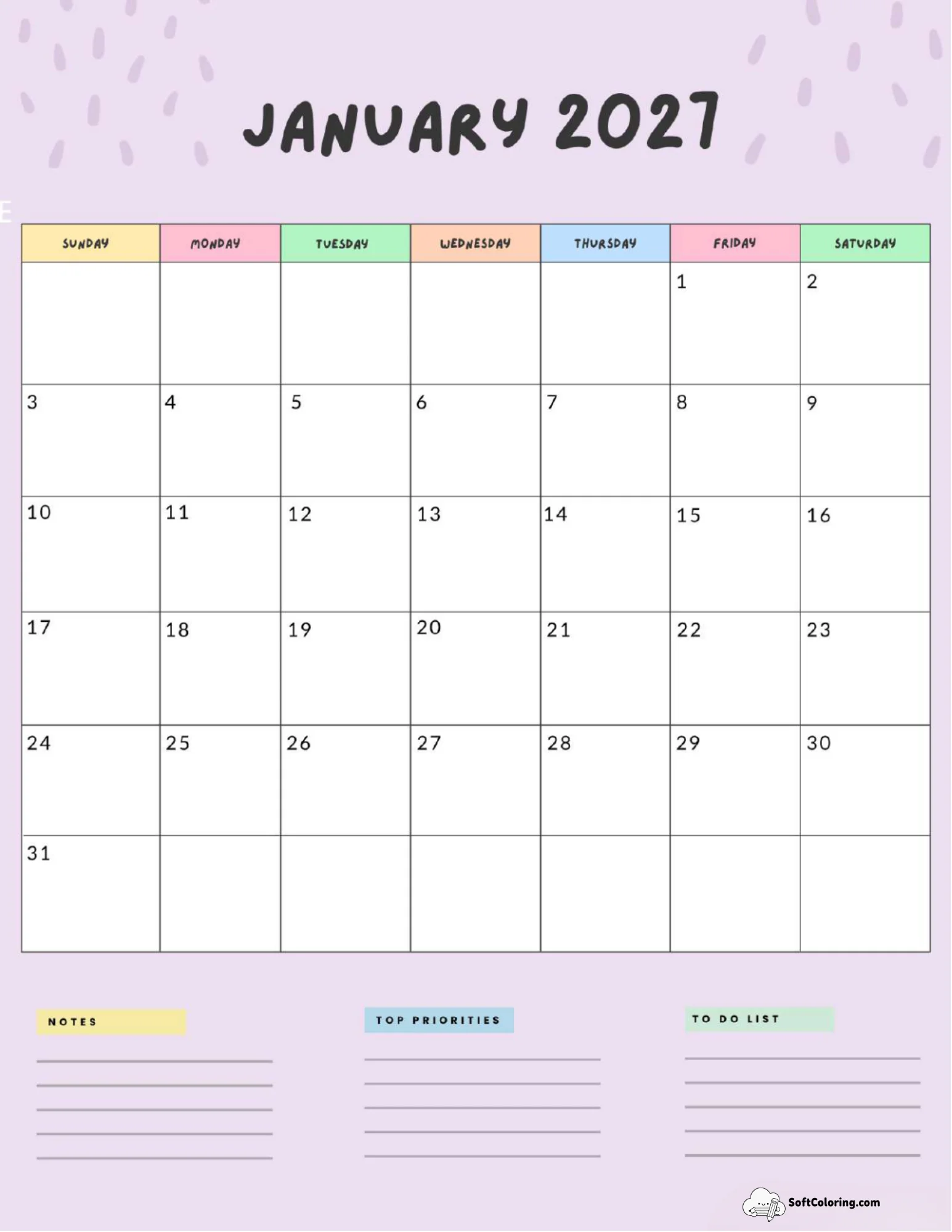 January 2027 Calendar Printable Colorful Portrait