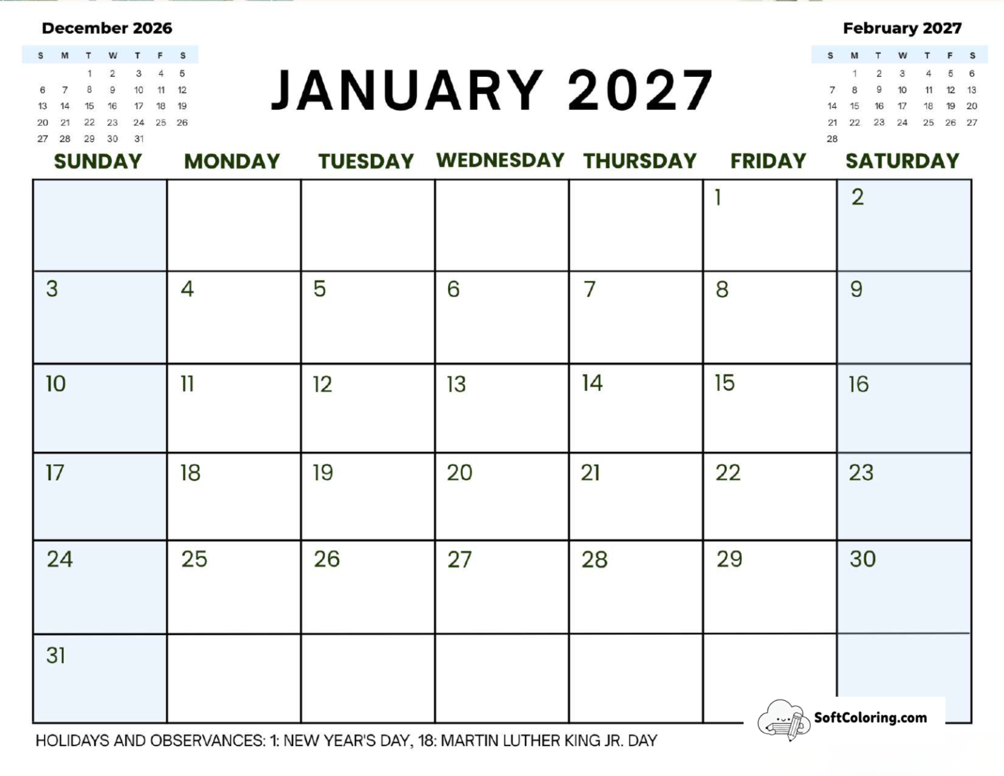January 2027 Calendar Printable Corporate Landscape