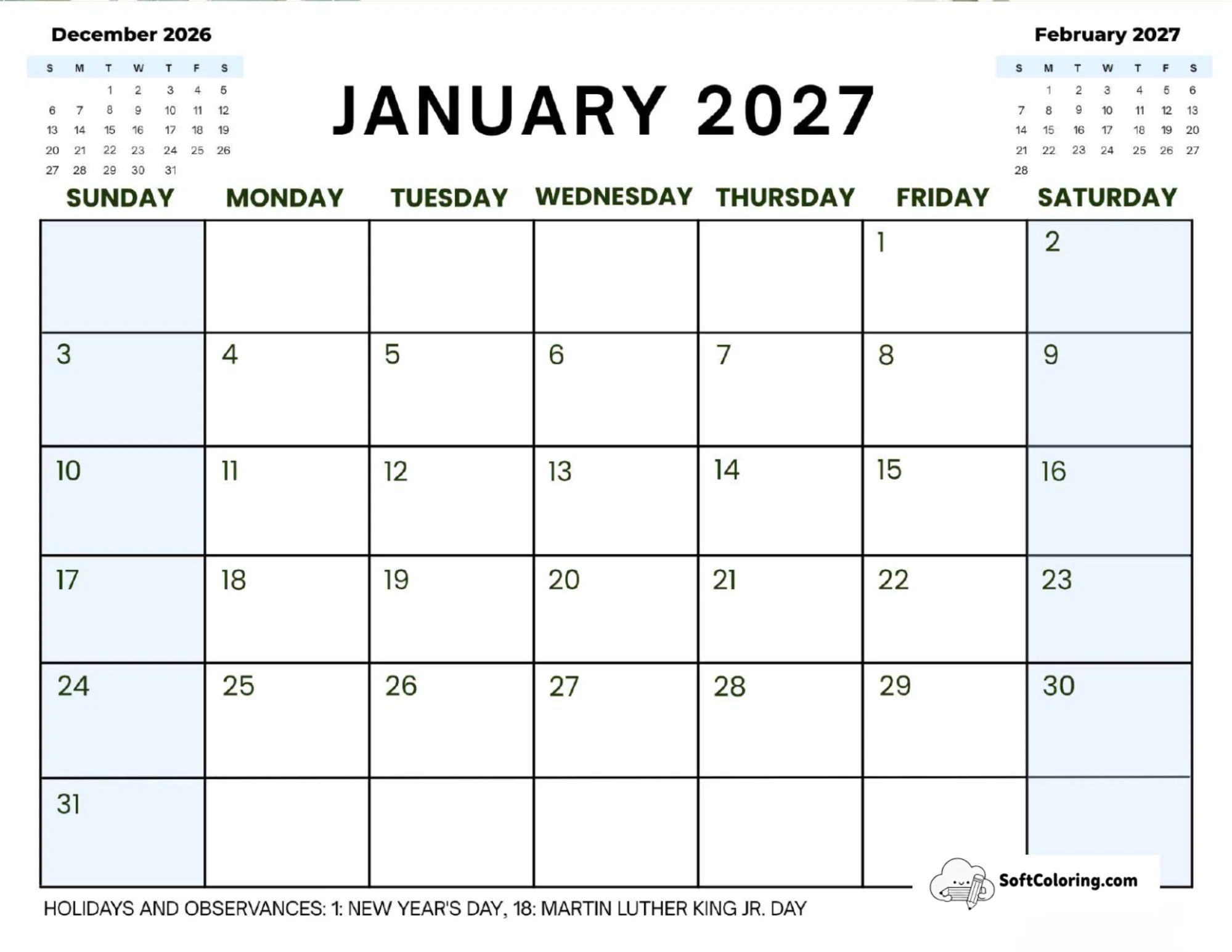 January 2027 Calendar Printable Corporate2 Landscape
