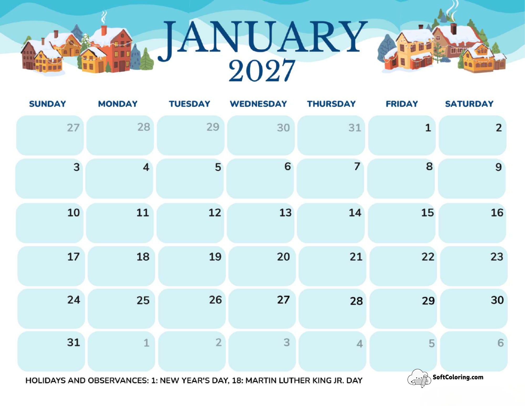 January 2027 Calendar Printable Cottage Landscape