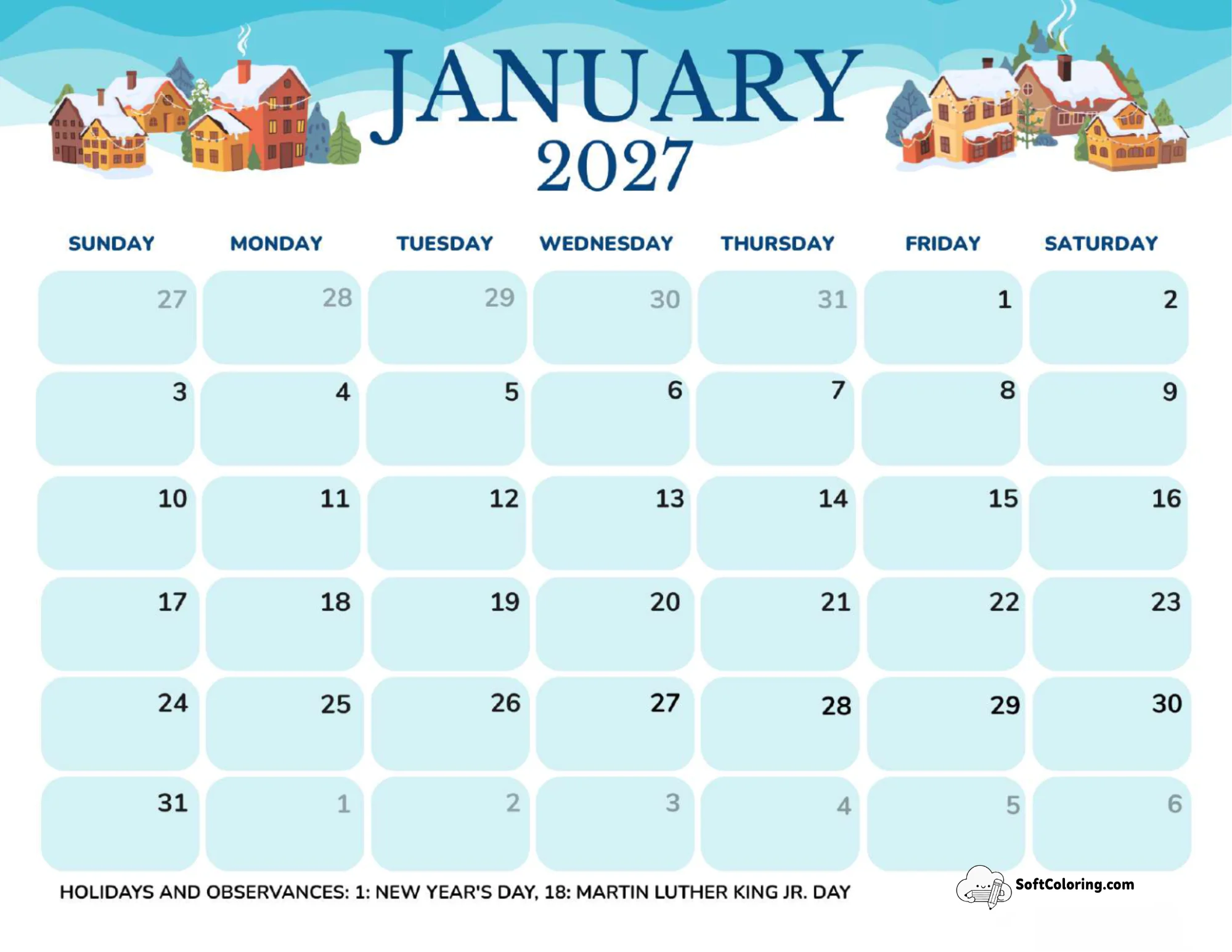 January 2027 Calendar Printable Watercolor Landscape