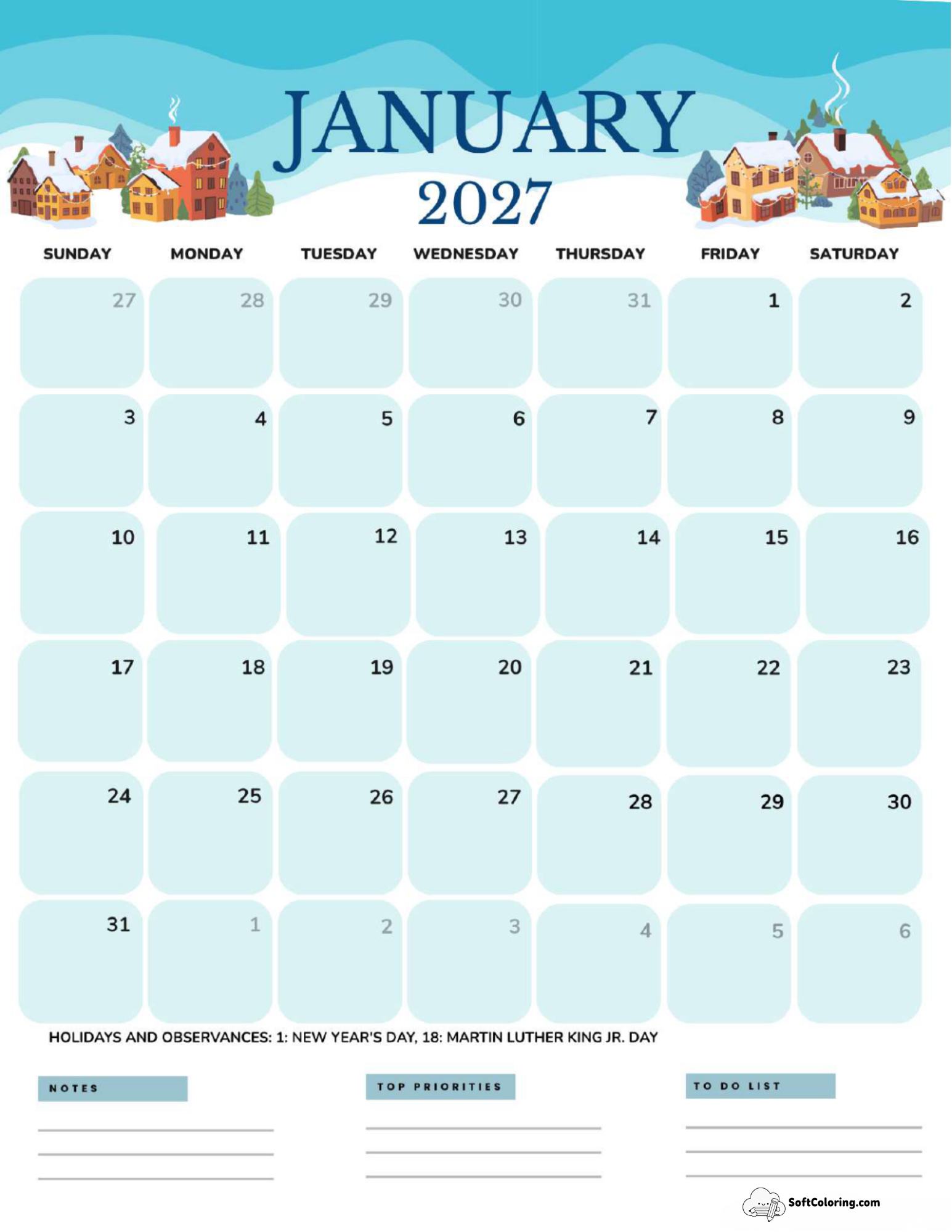January 2027 Calendar Printable Cottage Portrait