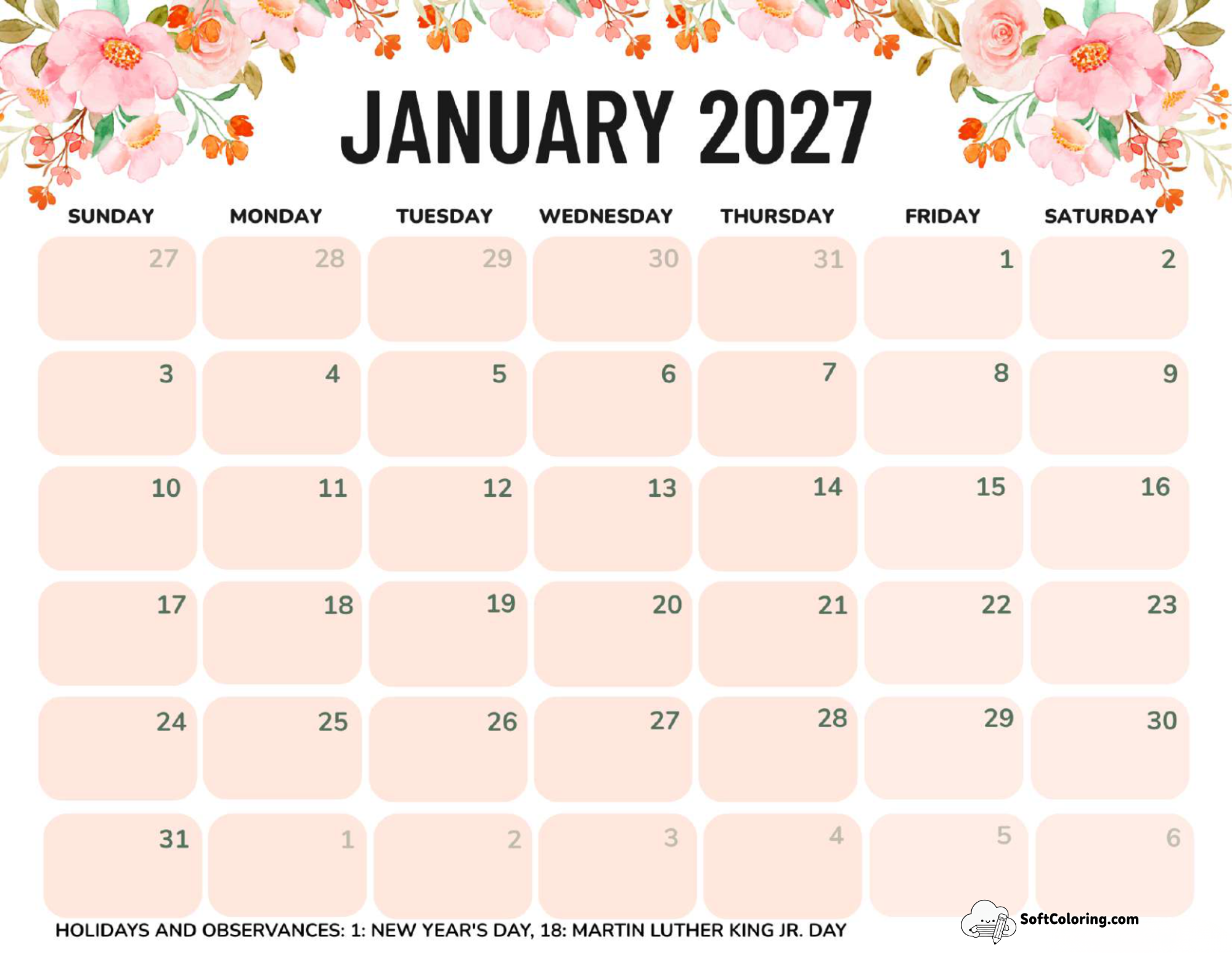 January 2027 Calendar Printable Flowers Landscape