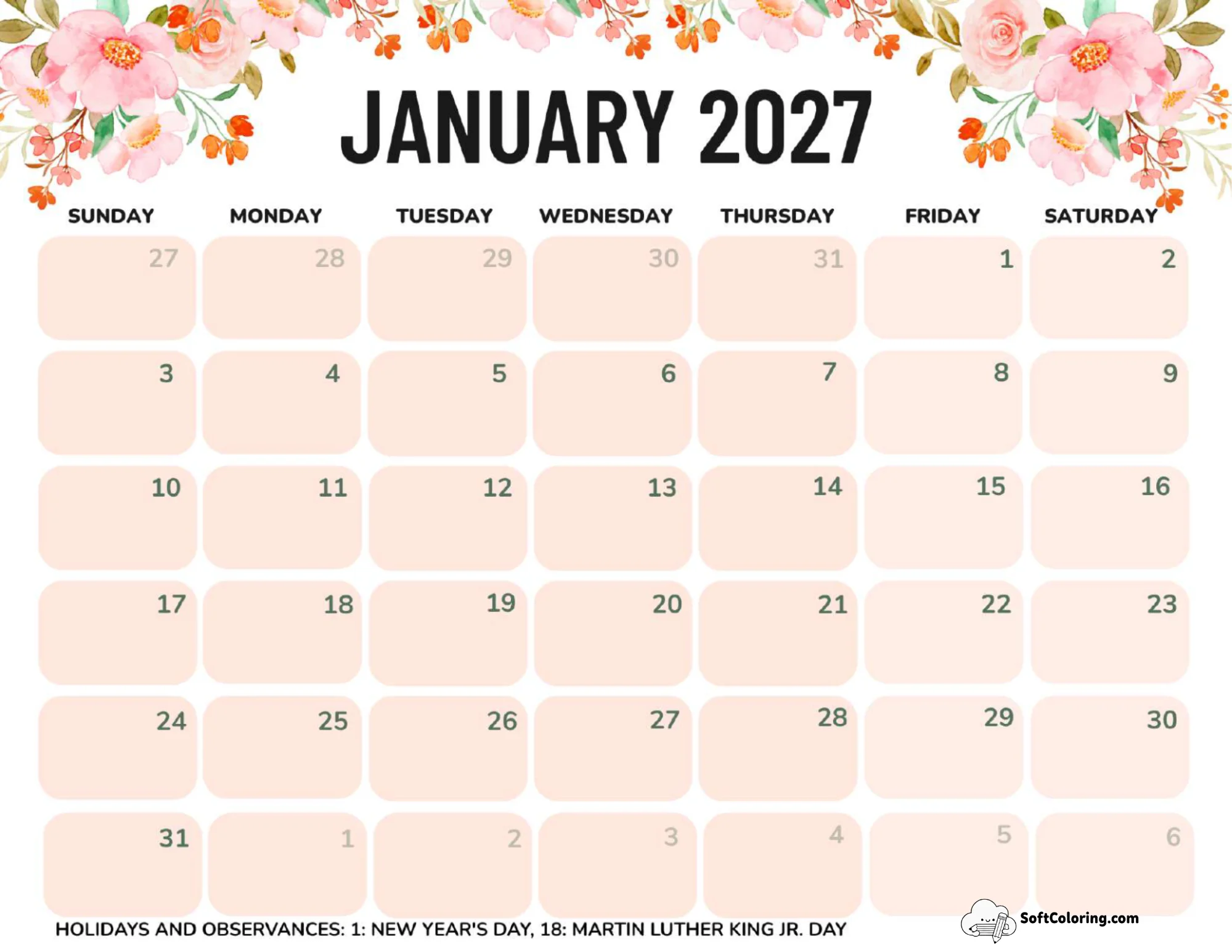 January 2027 Calendar Printable Nature Landscape
