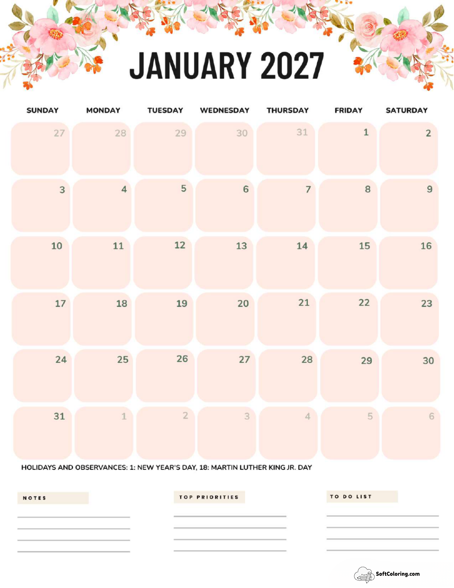 July 2027 Calendar Printable Flowers Portrait