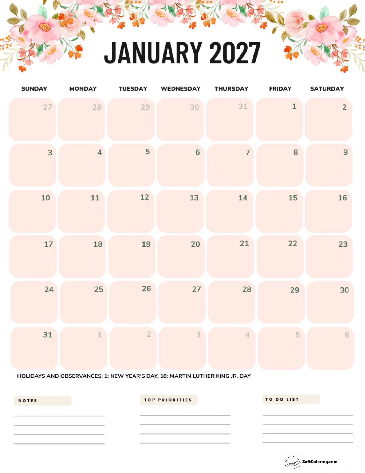 July 2027 Calendar Printable Flowers Portrait
