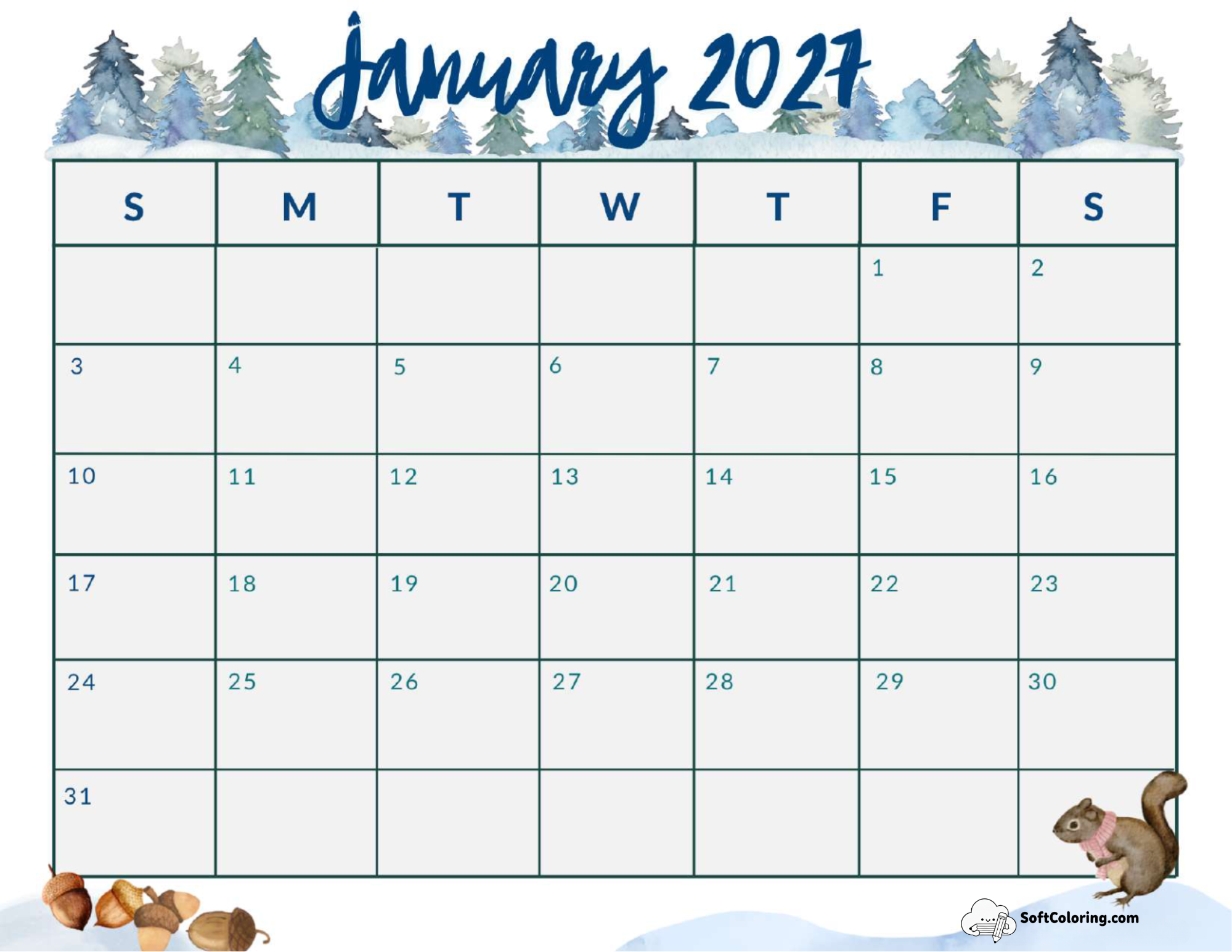 January 2027 Calendar Printable Forest Landscape