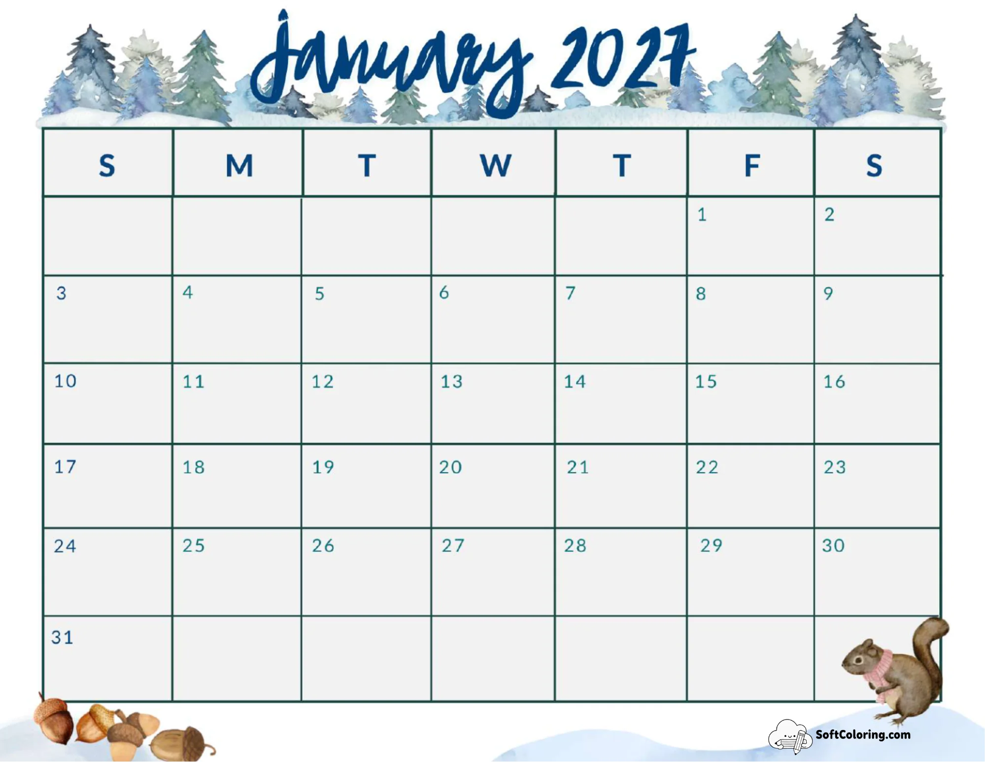 January 2027 Calendar Printable Green Landscape