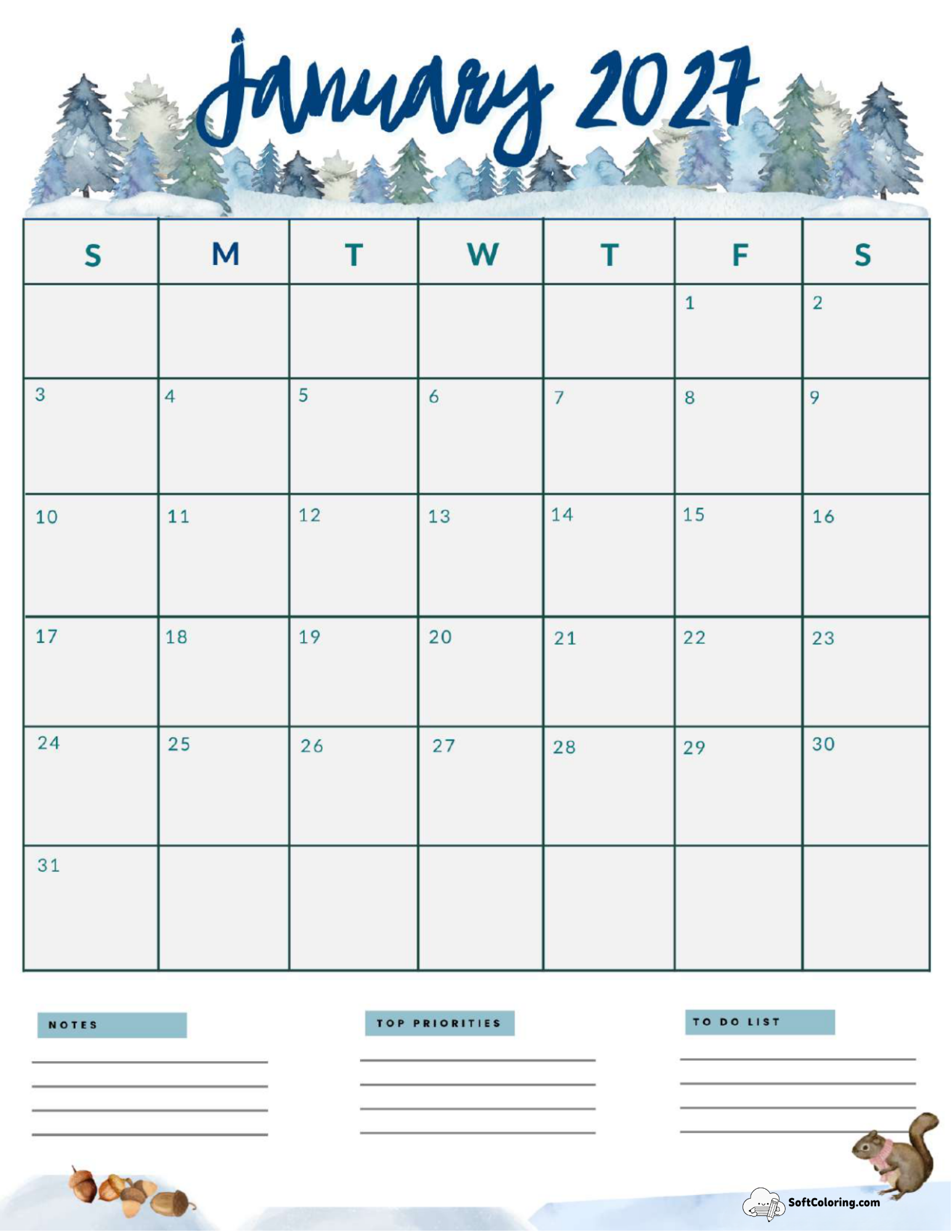 January 2027 Calendar Printable Forest Portrait