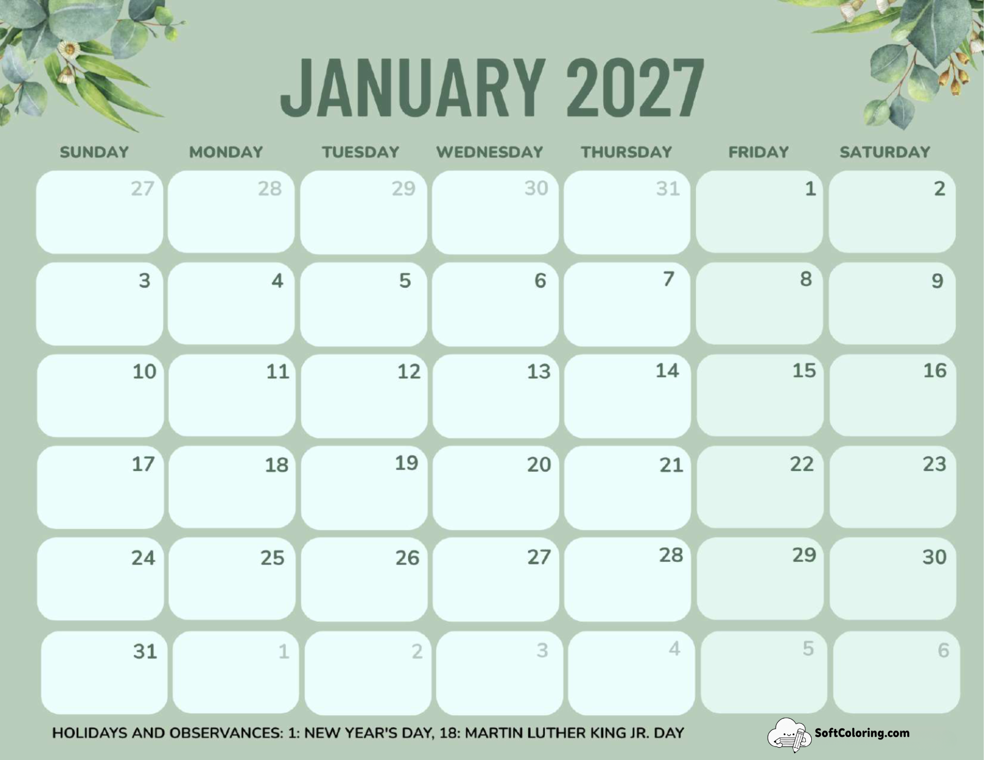 January 2027 Calendar Printable Green Landscape