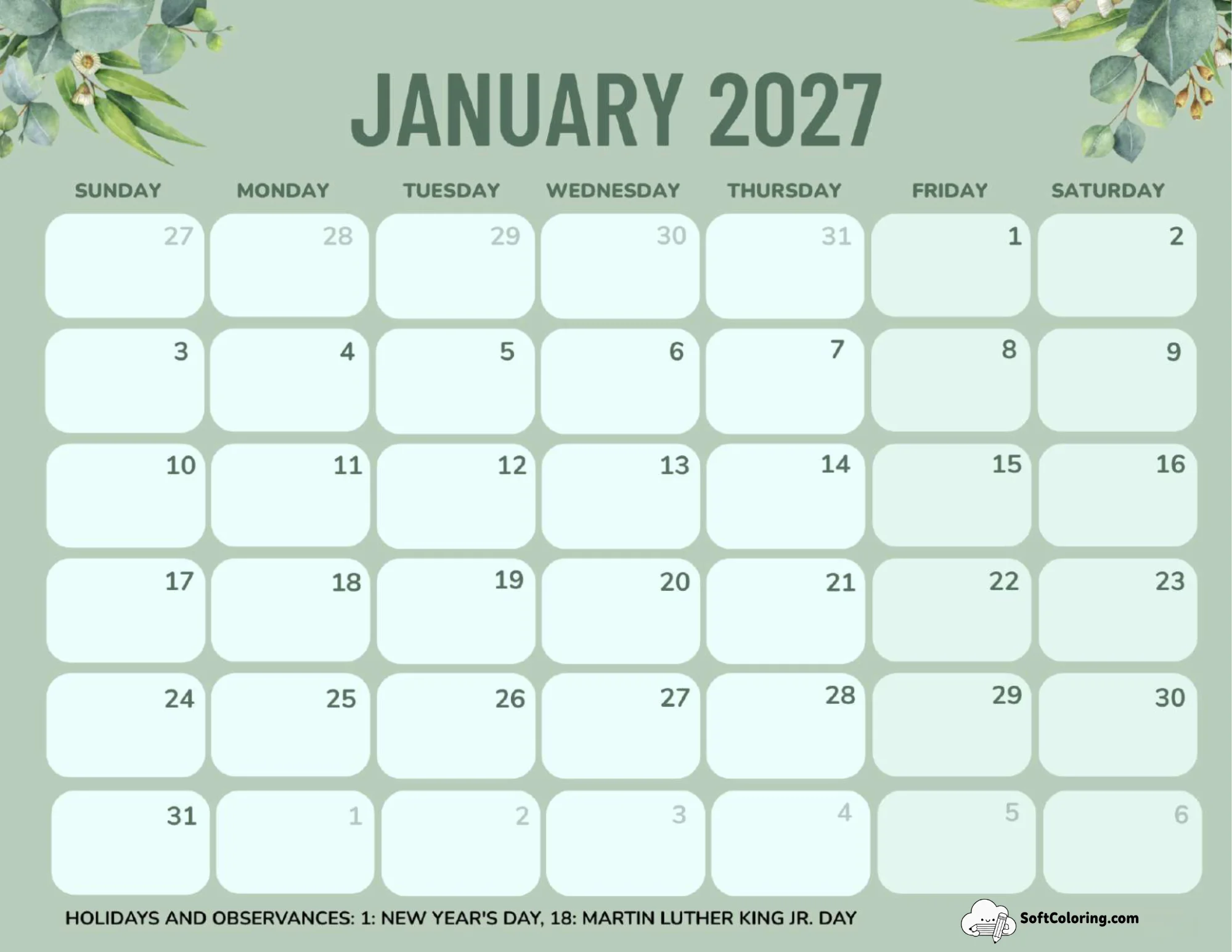 January 2027 Calendar Printable Green Landscape