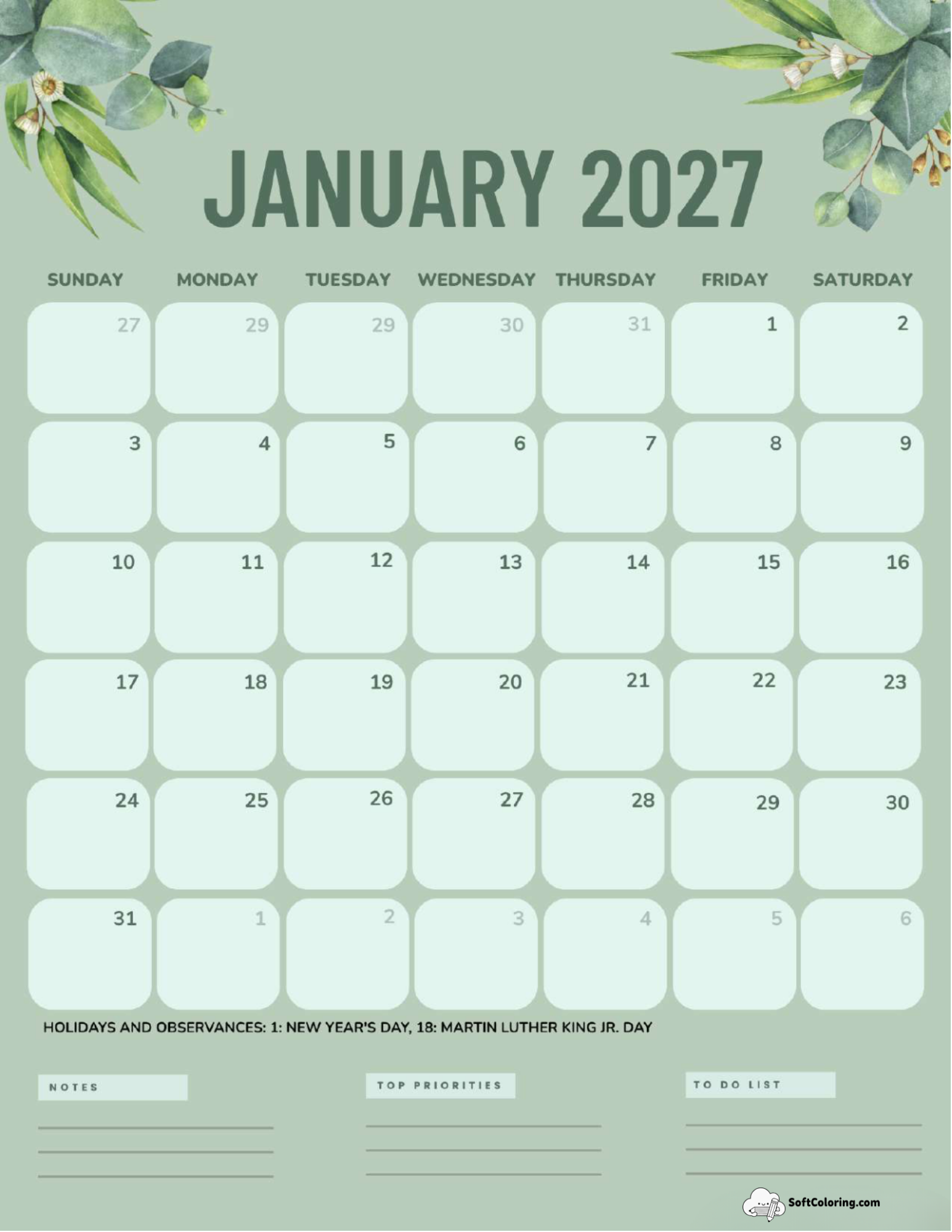January 2027 Calendar Printable Green Portrait