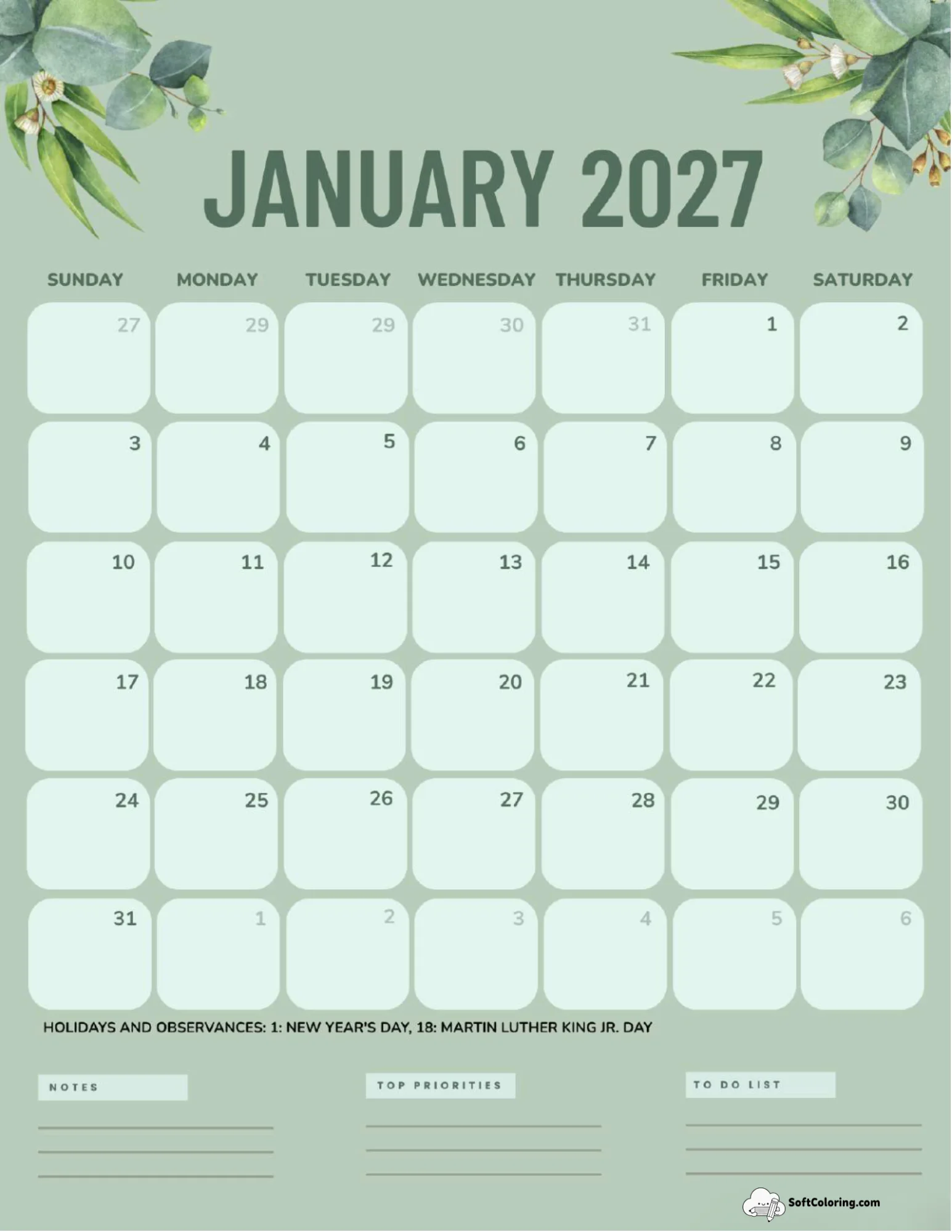 January 2027 Calendar Printable Green Portrait