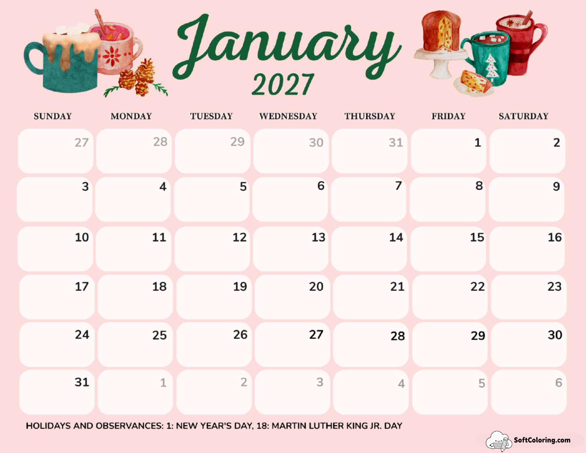 January 2027 Calendar Printable Hot Chocolate Landscape