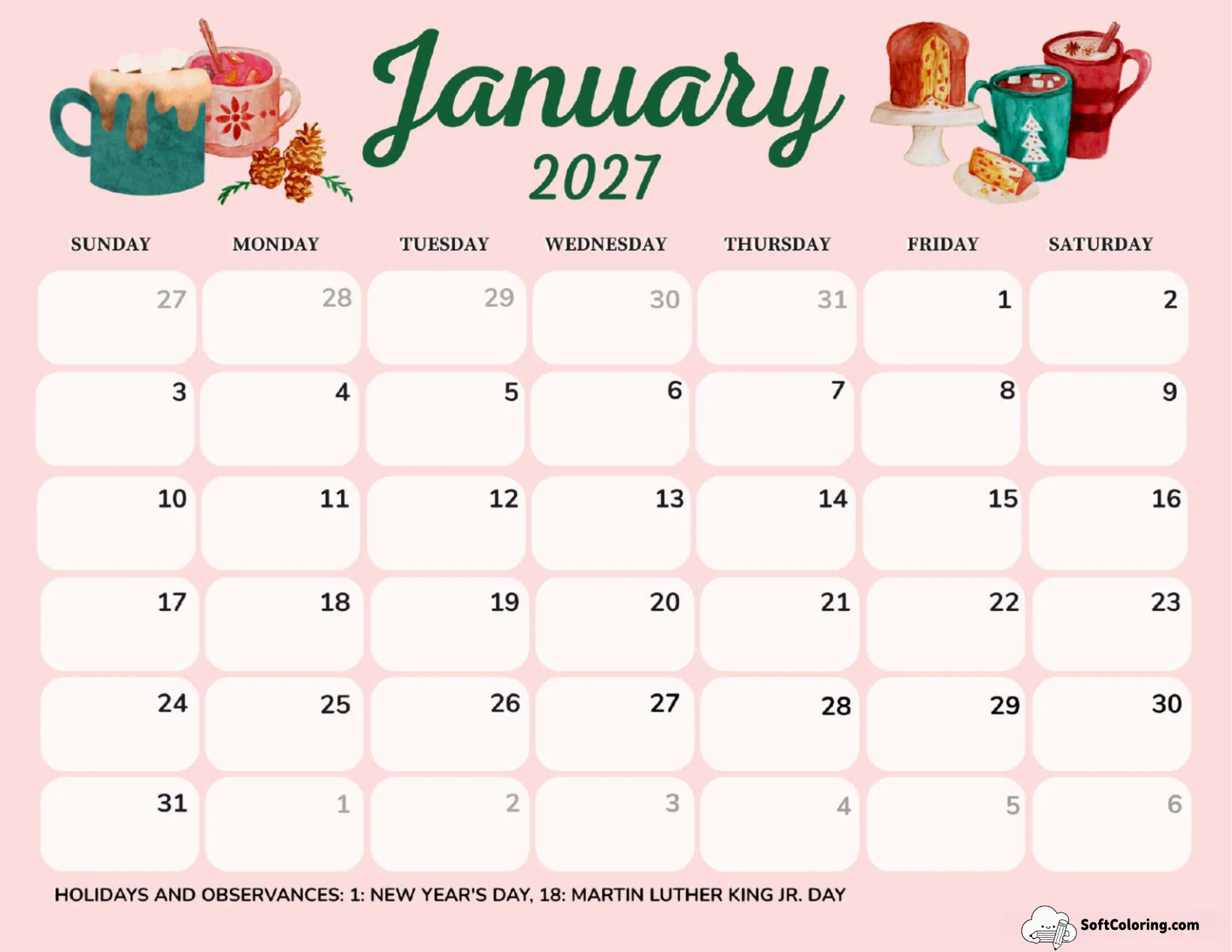 January 2027 Calendar Printable Hot Chocolate Landscape
