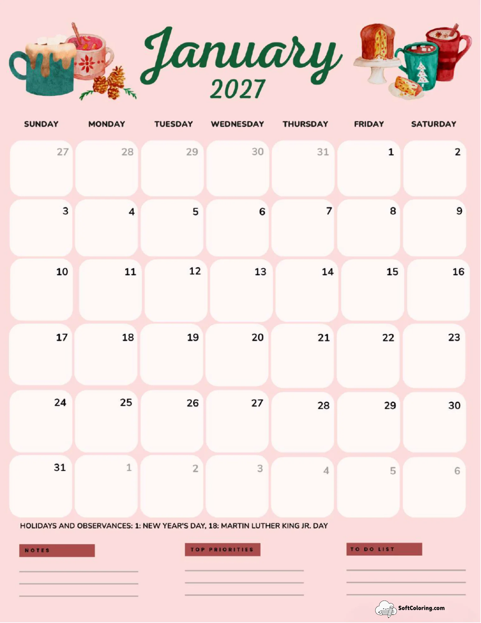 January 2027 Calendar Printable Hot Chocolate Portrait