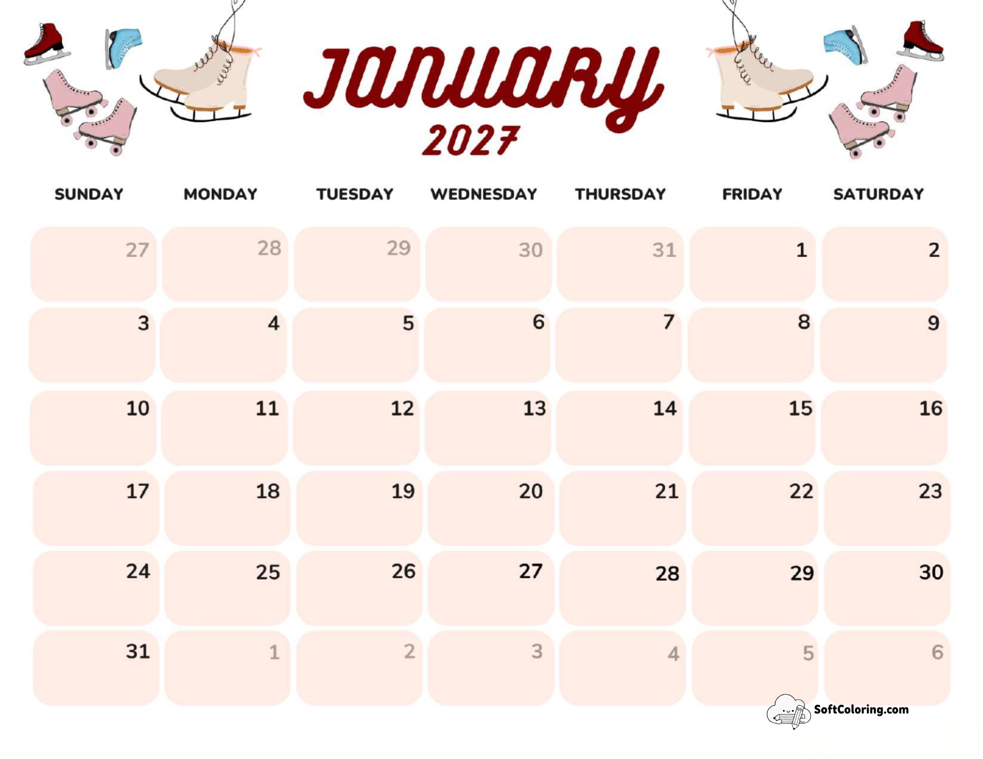 January 2027 Calendar Printable Ice Skates Landscape