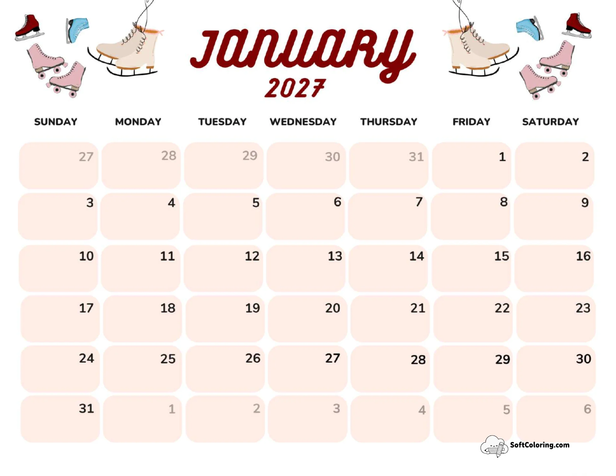 January 2027 Calendar Printable Ice Skates Landscape