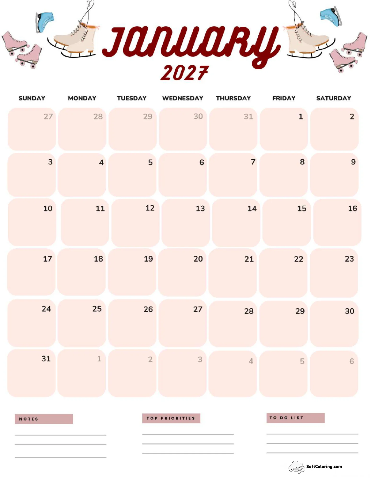 January 2027 Calendar Printable Ice Skates Portrait