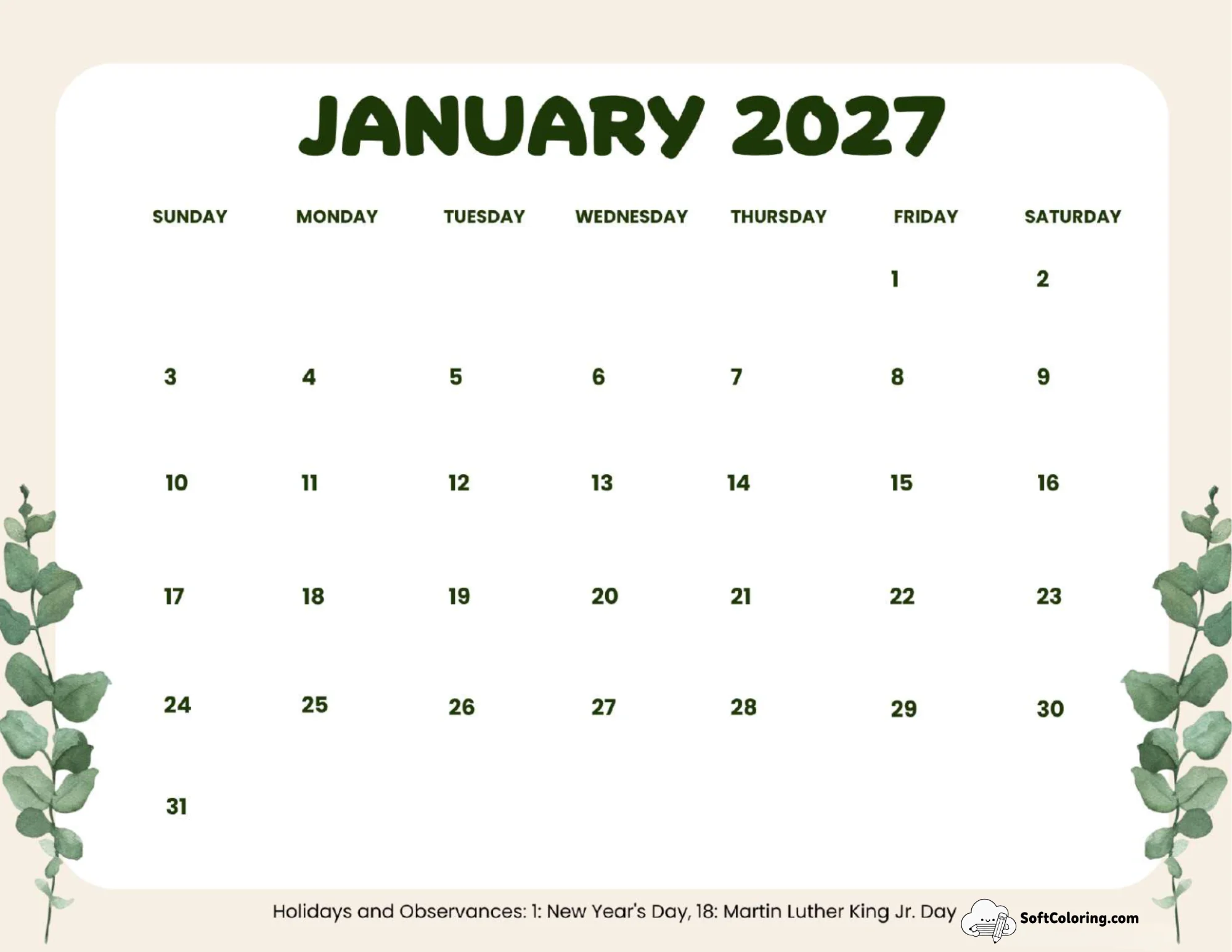 January 2027 Calendar Printable Sun Landscape