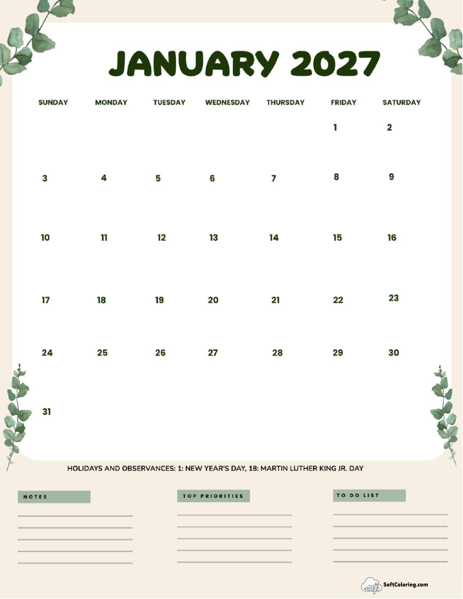 January 2027 Calendar Printable Leaves Portrait