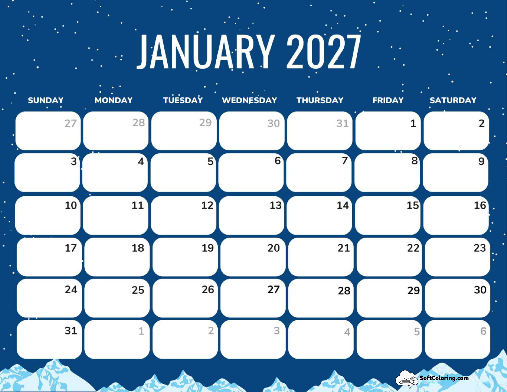 January 2027 Calendar Printable Midnight Landscape