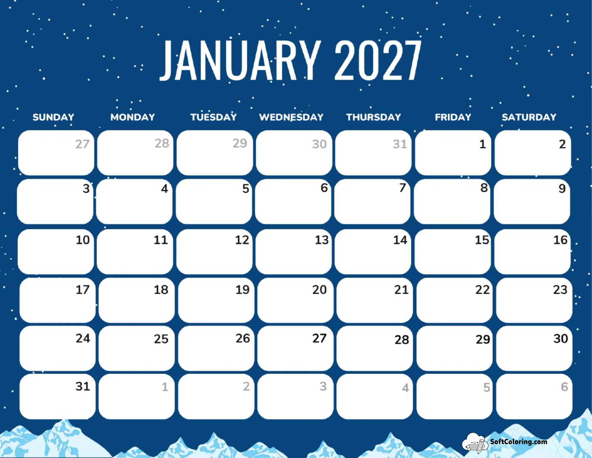January 2027 Calendar Printable Green Landscape