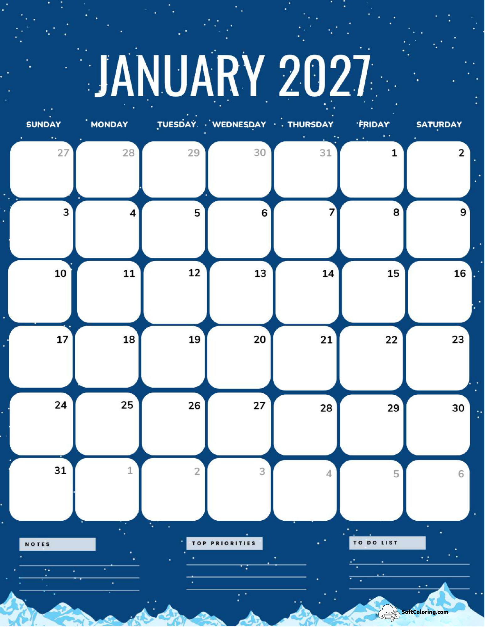 January 2027 Calendar Printable Midnight Portrait