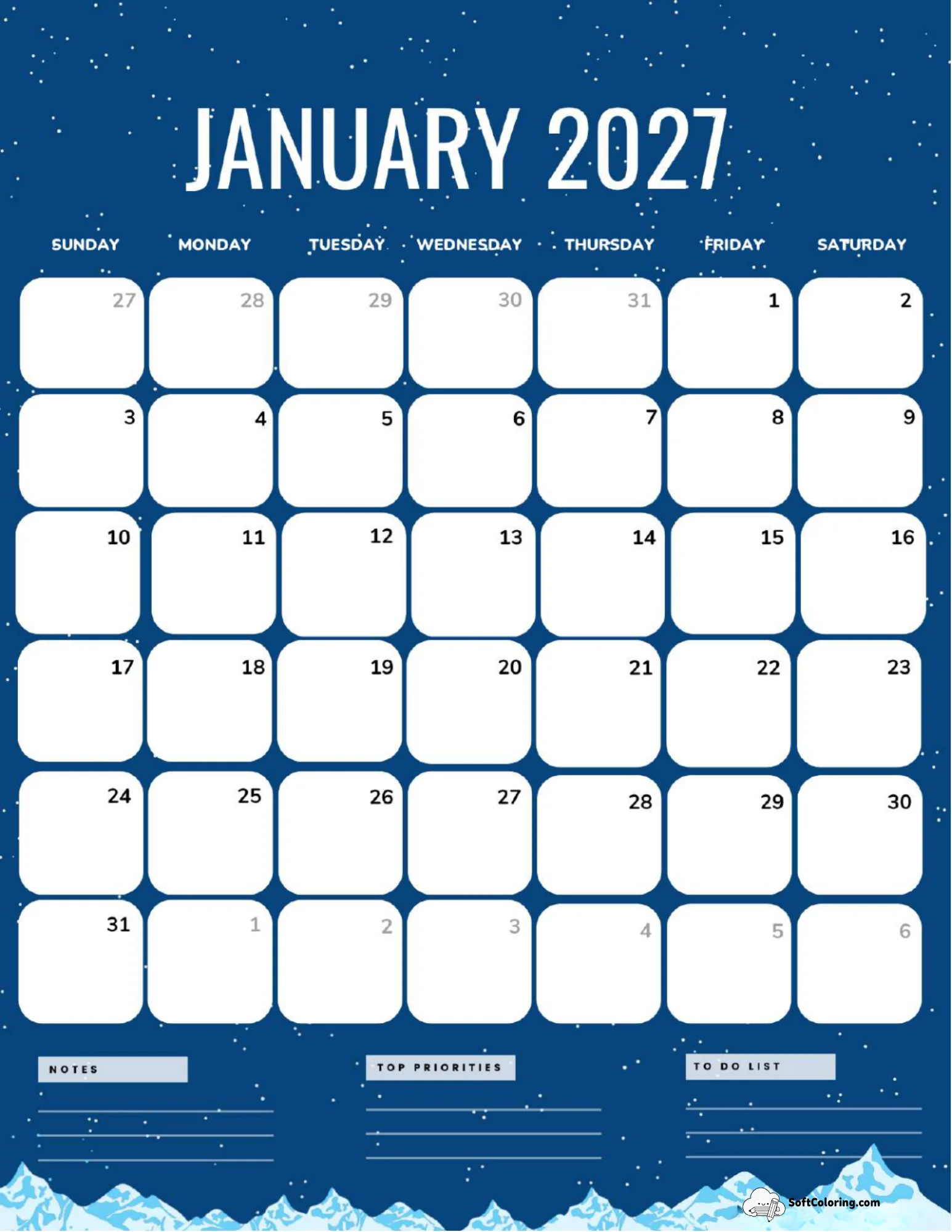 January 2027 Calendar Printable Midnight Portrait