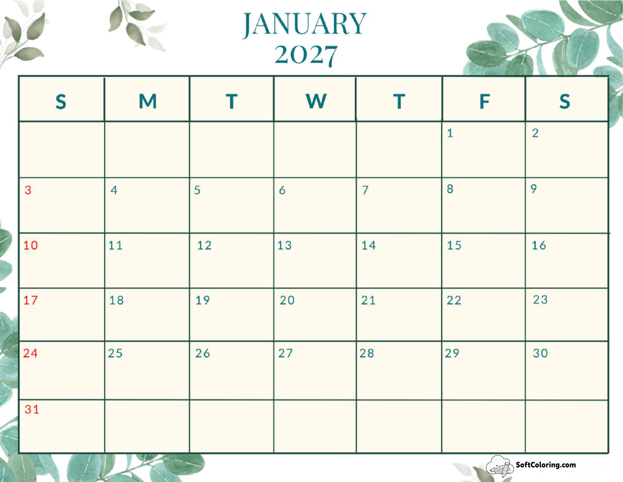 January 2027 Calendar Printable Nature Landscape