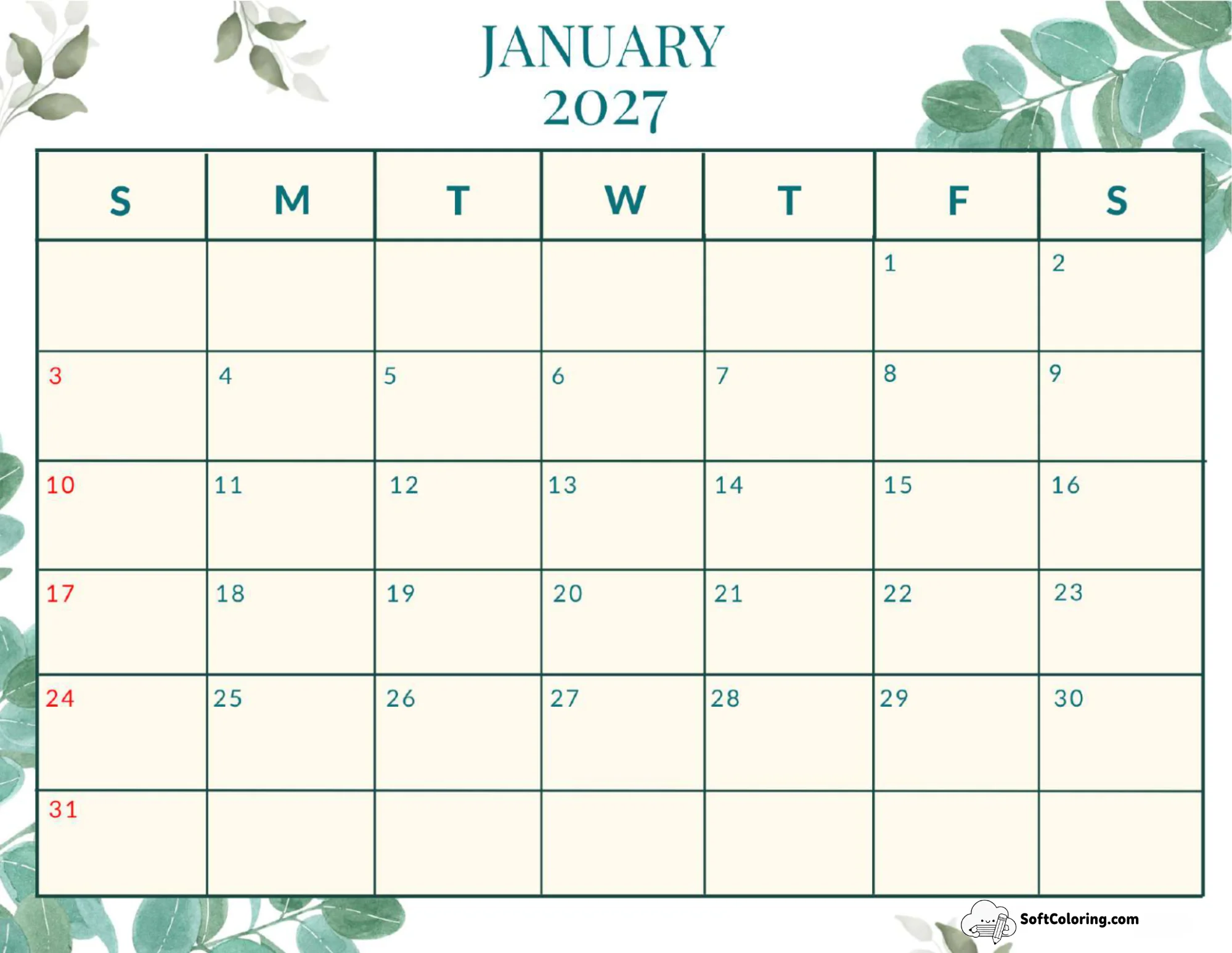 January 2027 Calendar Printable Sun Landscape
