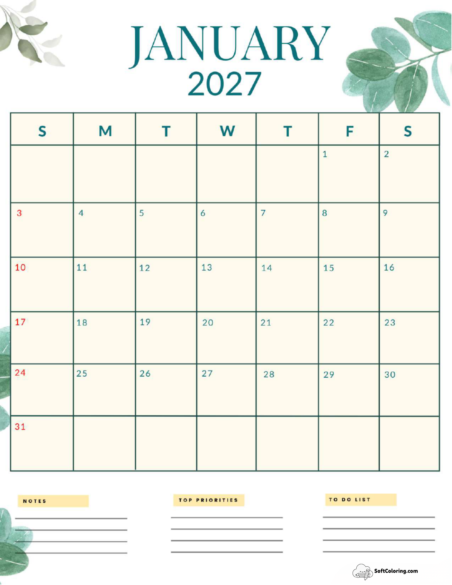 January 2027 Calendar Printable Nature Portrait