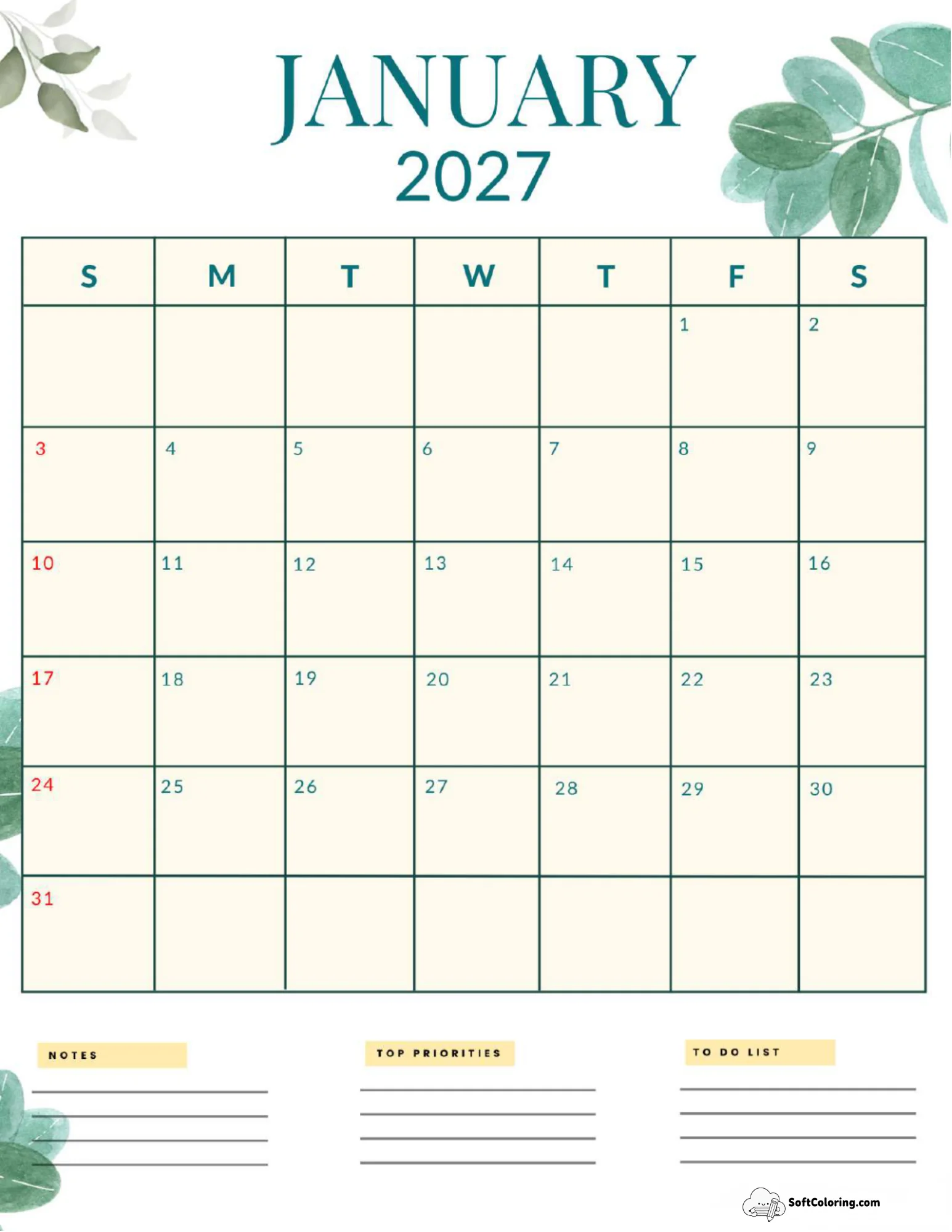 January 2027 Calendar Printable Nature Portrait