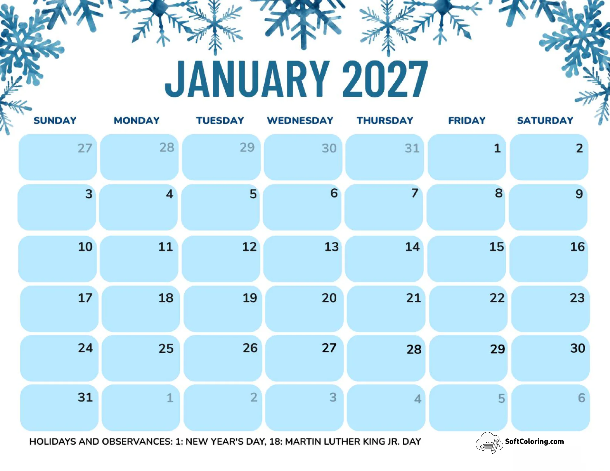 January 2027 Calendar Printable Snowflakes Landscape