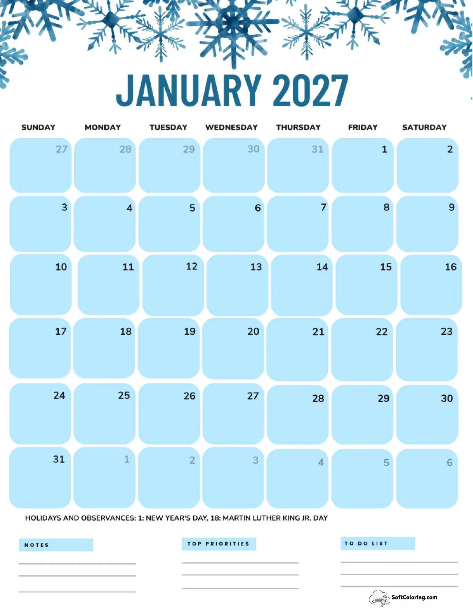 January 2027 Calendar Printable Snowflakes Portrait