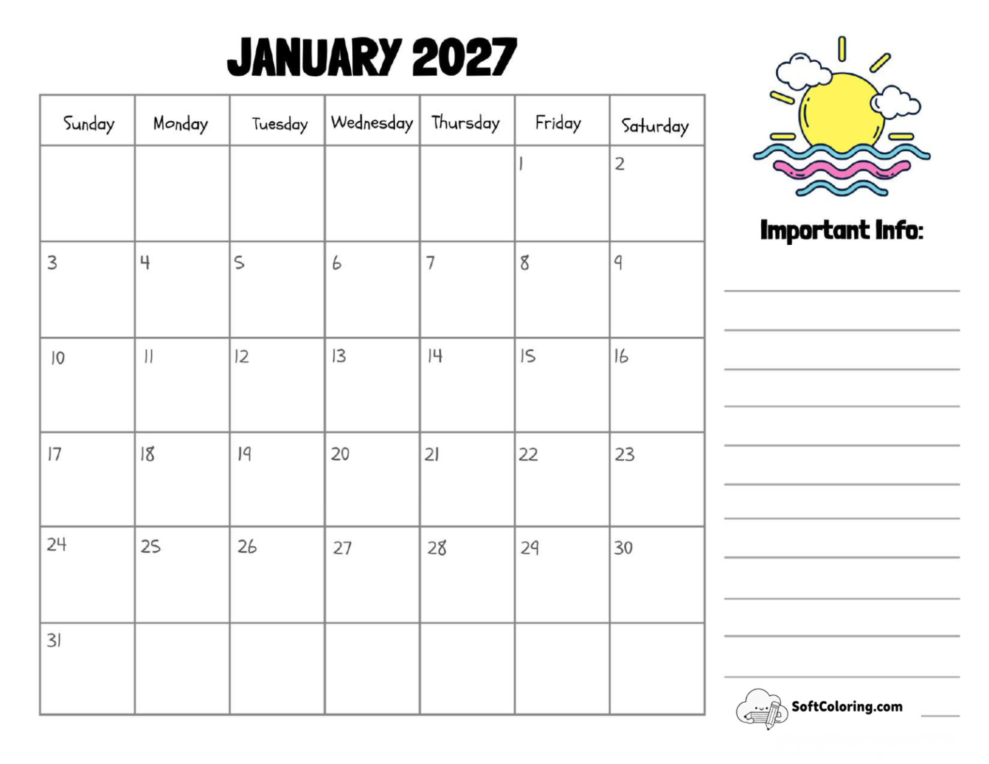 January 2027 Calendar Printable Sun Landscape