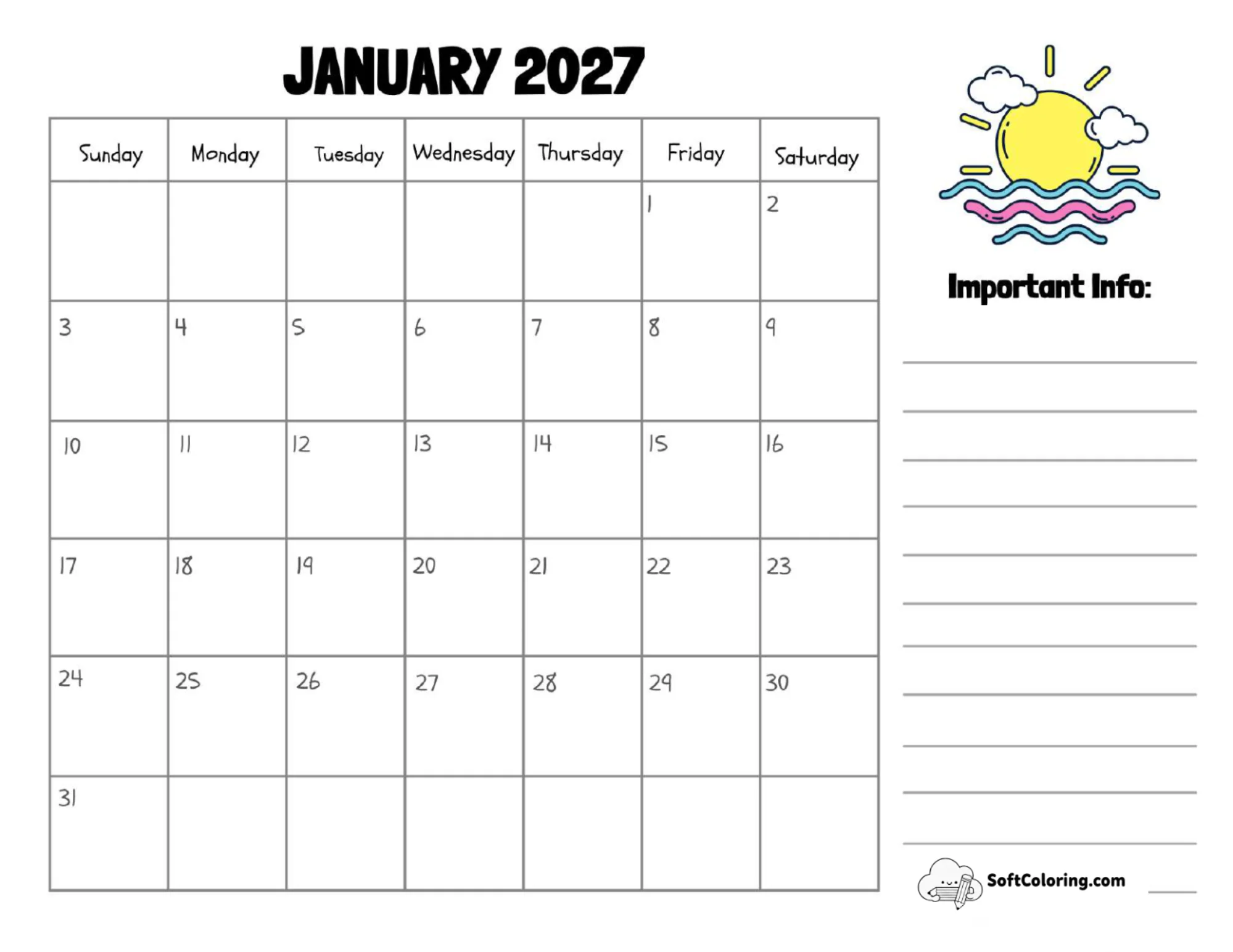 January 2027 Calendar Printable Sun Landscape