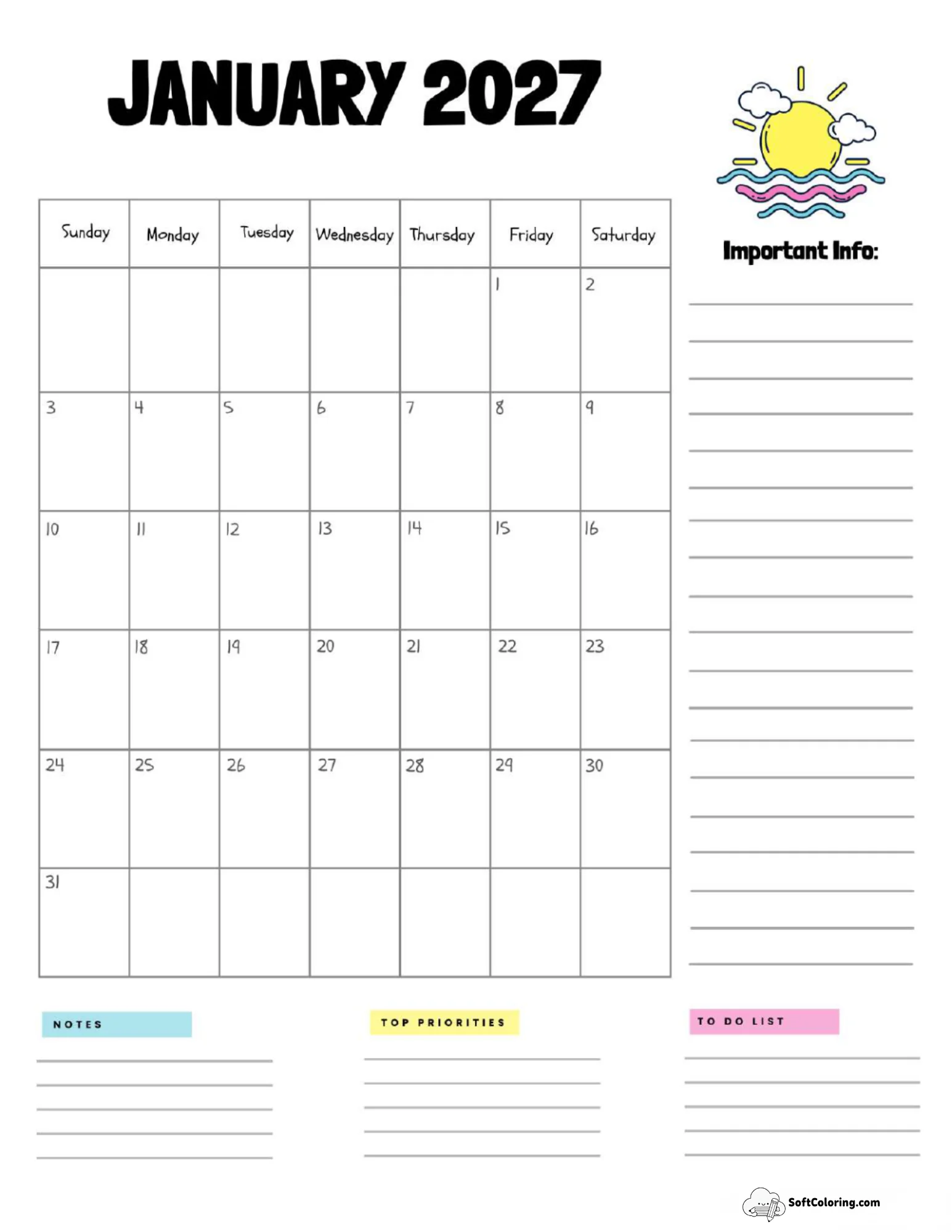 January 2027 Calendar Printable Sun Portrait