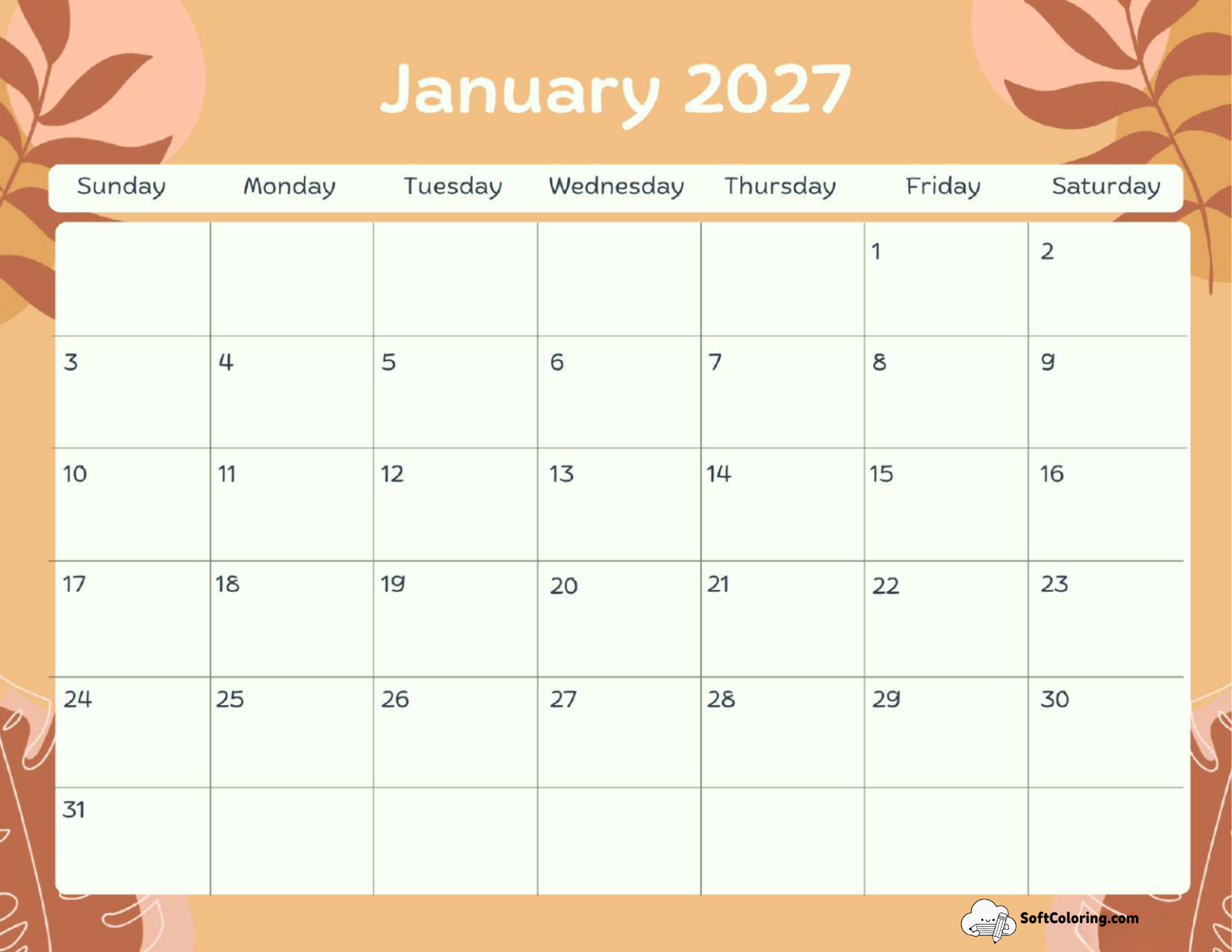 January 2027 Calendar Printable Terracotta Landscape