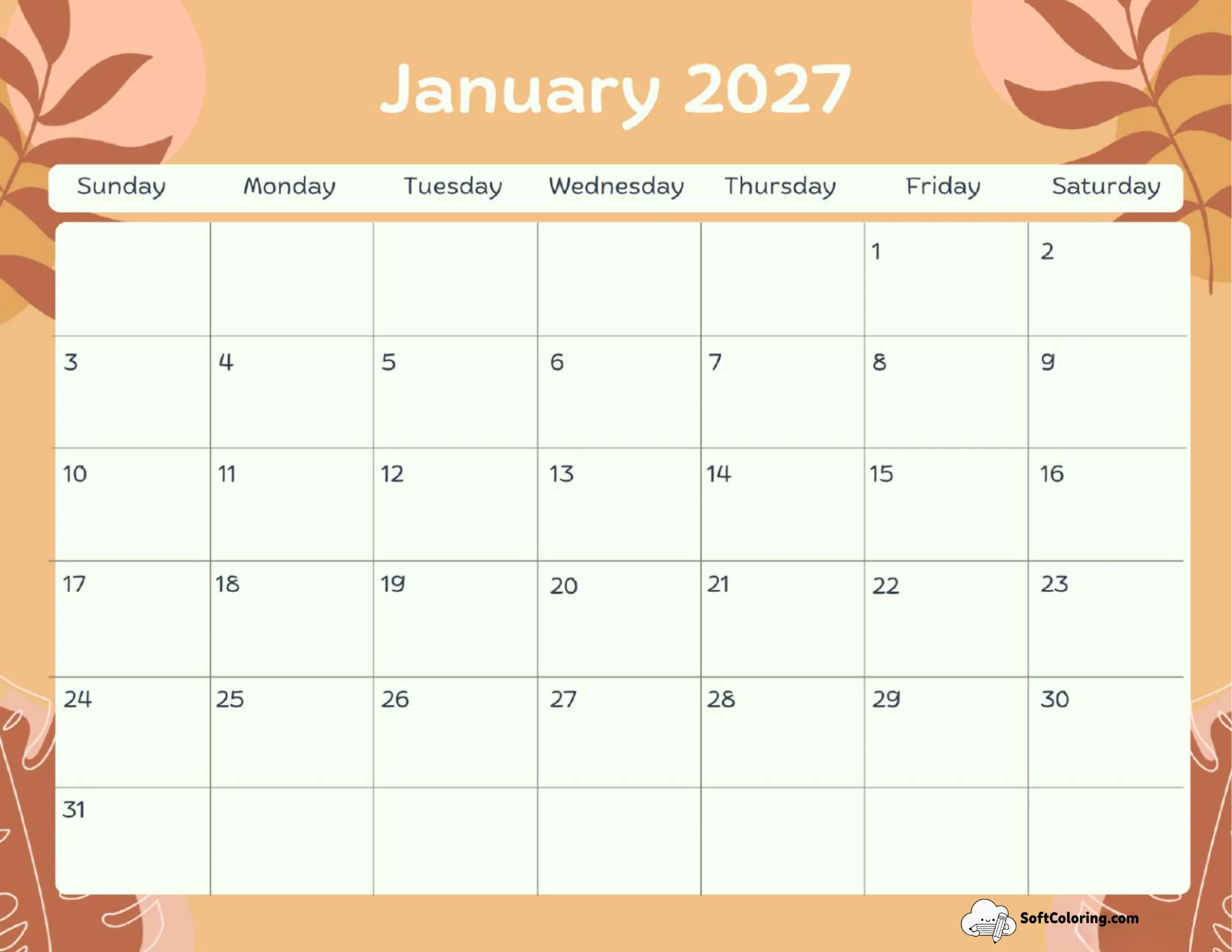 January 2027 Calendar Printable Terracotta Landscape