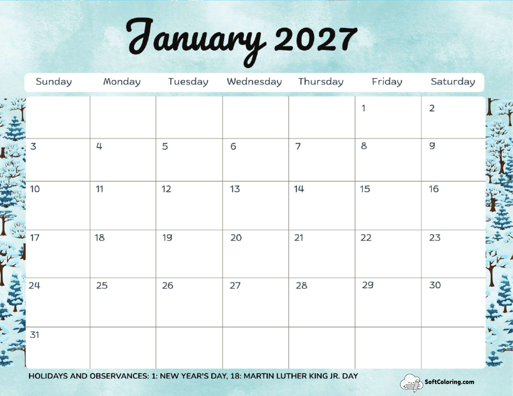 January 2027 Calendar Printable Trees Landscape